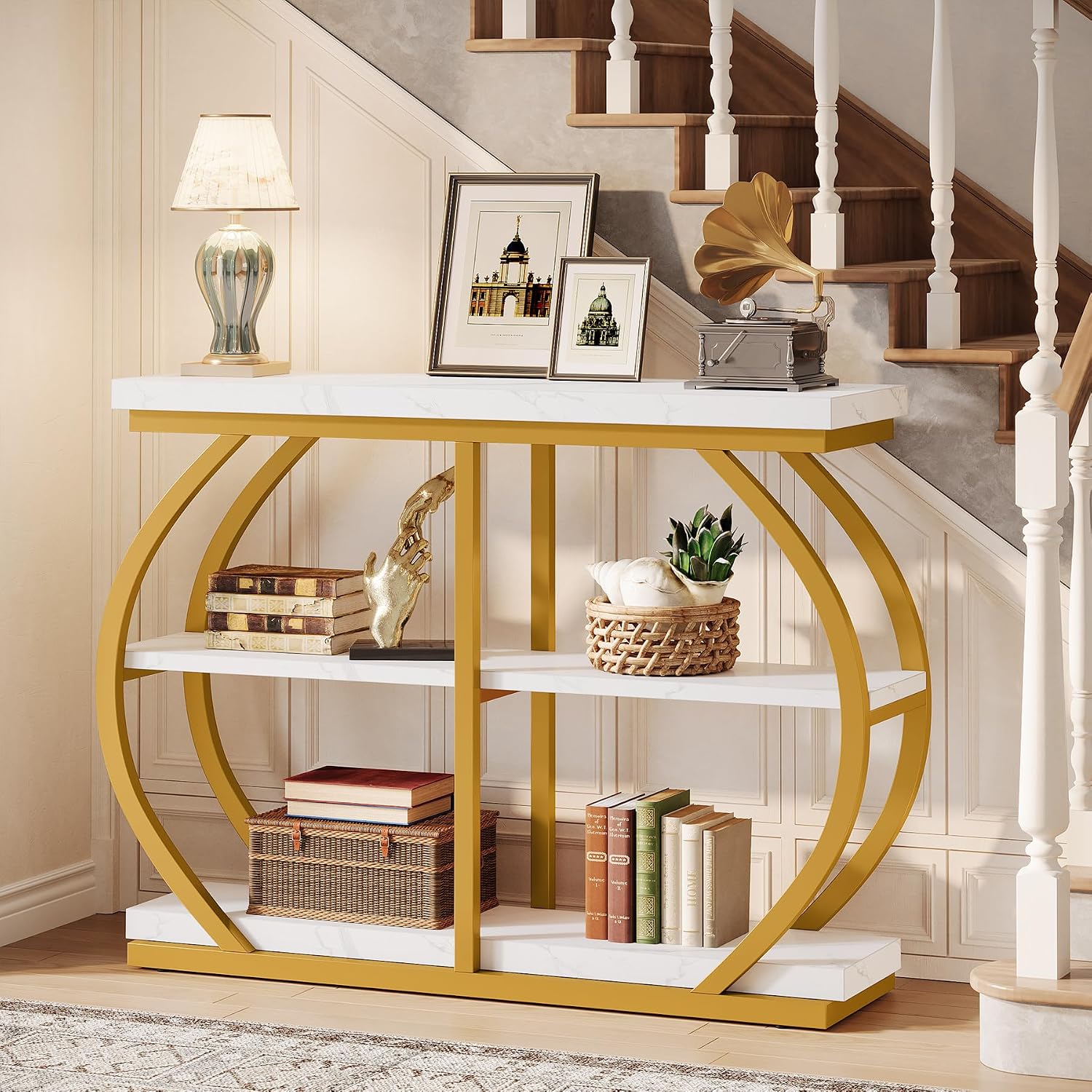 Tribesigns 41.3' Console Table, Industrial 3-Tier Entryway Table with Arched Metal Frame and Storage Shelves for Living Room, Hallway, White Gold