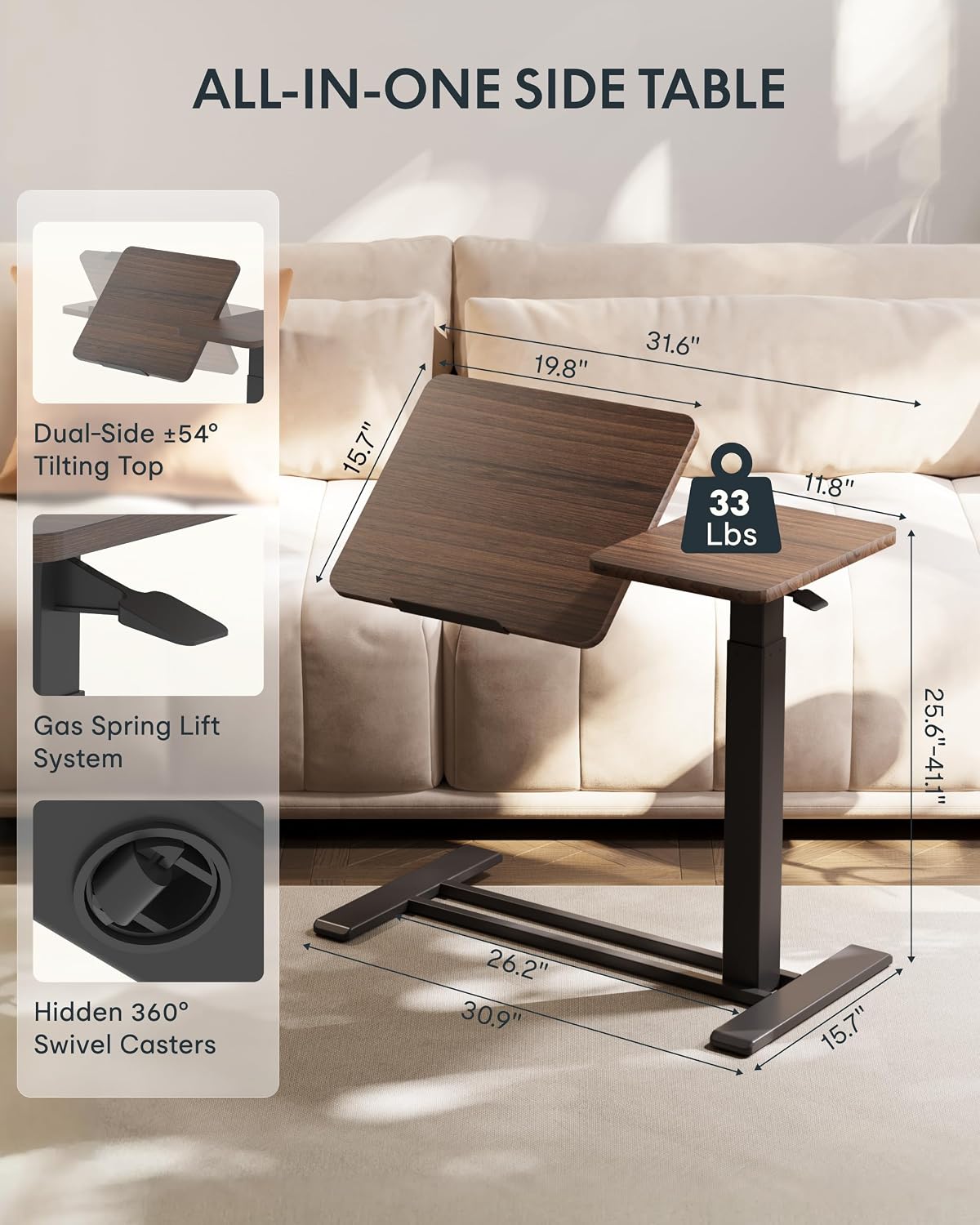 FLEXISPOT Adjustable Height C-Shaped End Table with Split Tilting Top – Mobile Side Table for Sofa & Bedside, Slides Under Furniture, Hidden Wheels for Small Spaces(31.6' W x 15.7' D,Dark Walnut)