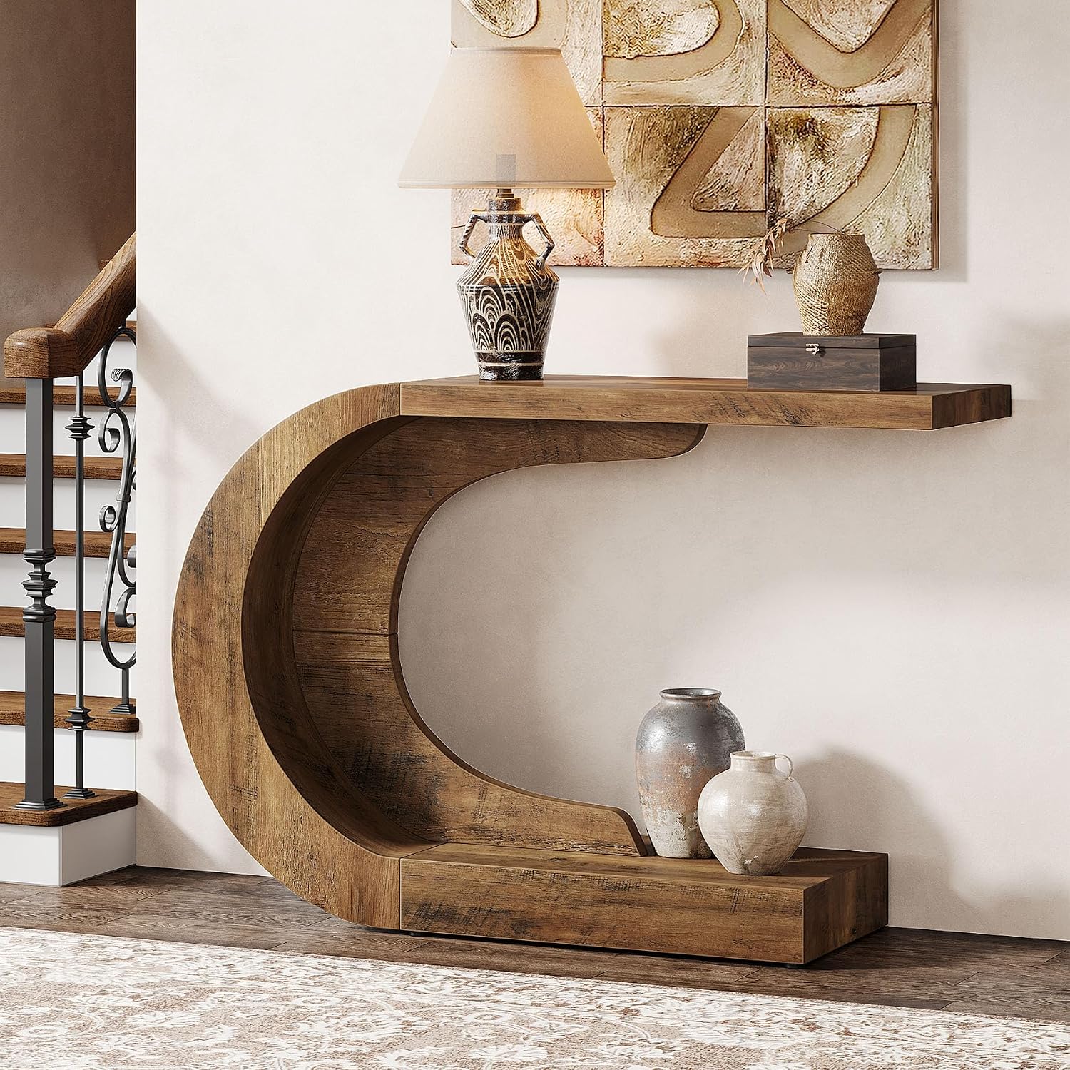 Tribesigns 43.3' Mid-Century Modern Console Table for Entryway, Wood C-Shaped Hallway Entry Accent Table for Living Room, Entrance, Foyer, Easy Assembly, Brown