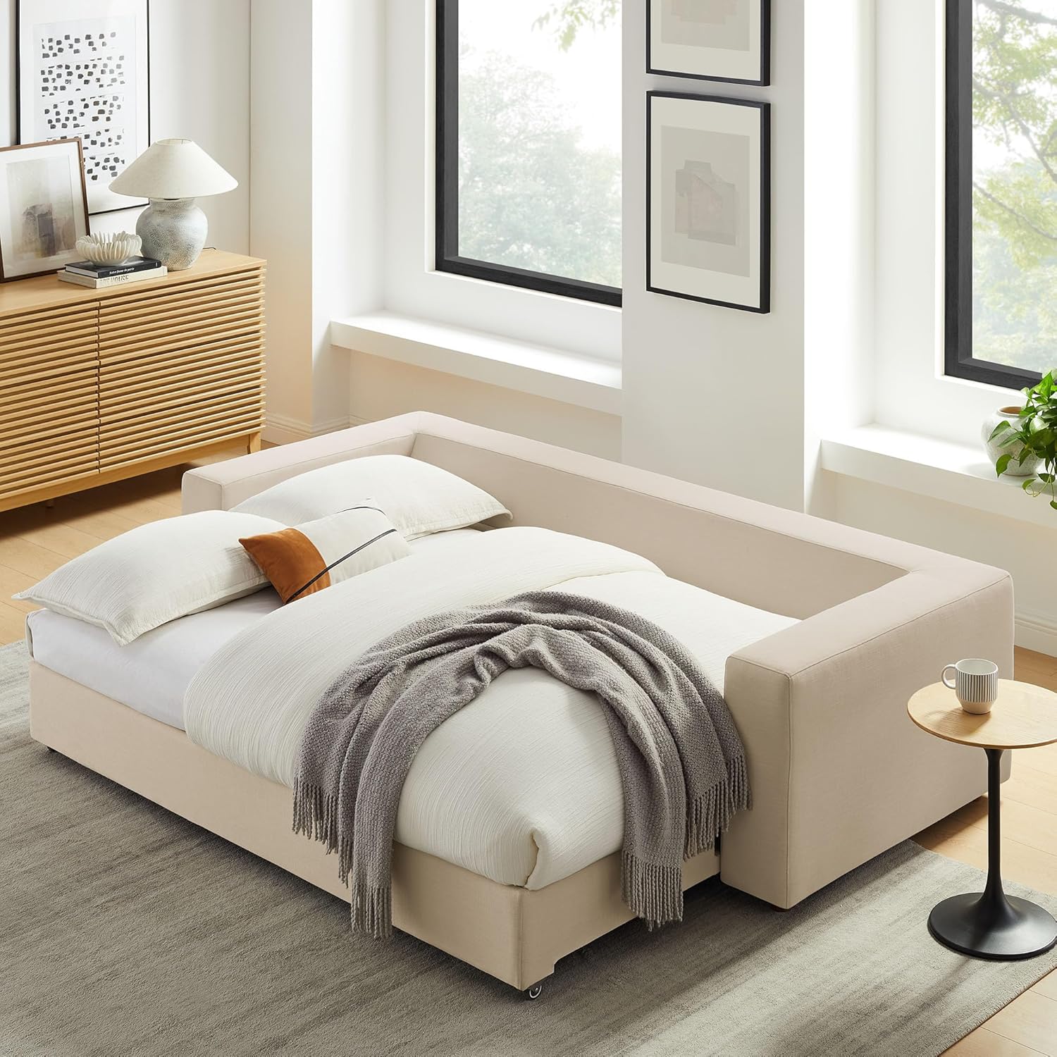 Modway Commix Down Filled Fabric Sleeper Sofa in Light Beige