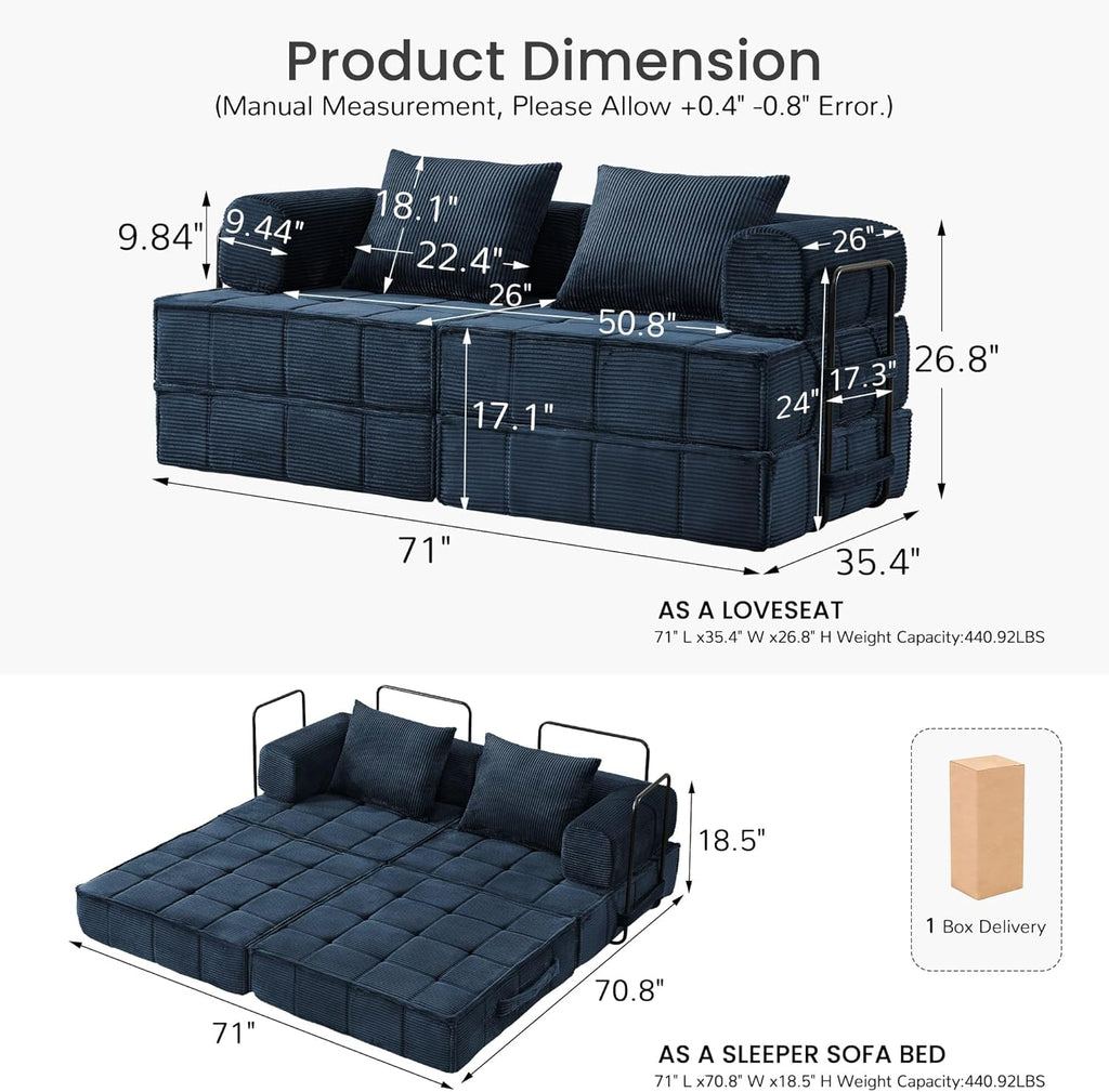 Korser Folding Convertible Sofa Bed, Corduroy Upholstered Boneless Couch, Small Sectional Cloud Couch, Loveseat Sleeper Sofa, Modular Futon Floor Sofa Couch for Living Room Bedroom Lounge, No Assembly