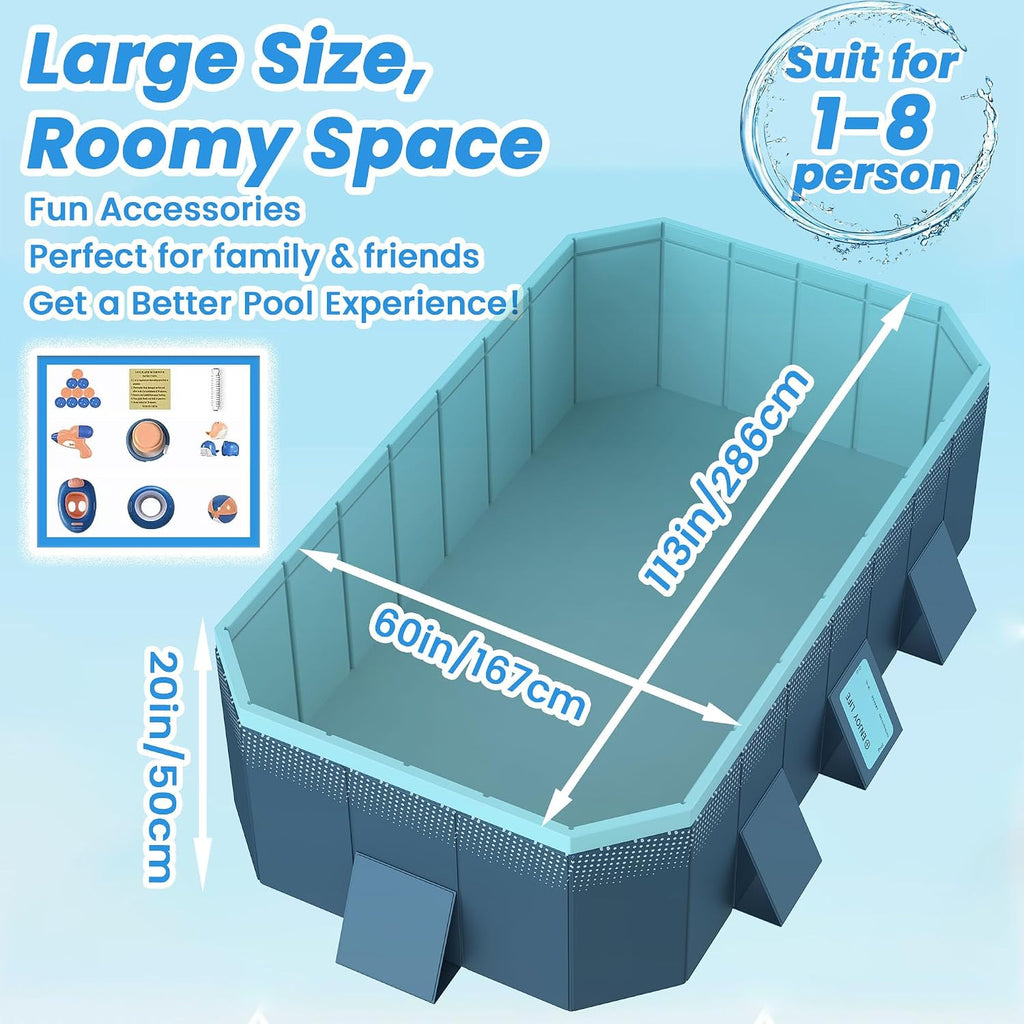 Foldable Non-Inflatable Above Ground Framed Swimming Pool for Backyard, Family Pool (113' x 66' x 20')
