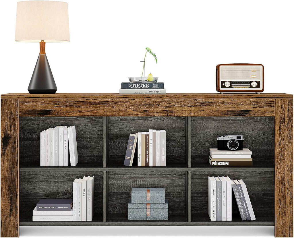 Tribesigns 63-Inch Long Console Table, Rustic Wood Entryway Table with 6 Storage Cubes, Industrial Narrow Sofa Table Behind Couch Table for Living Room, Hallway