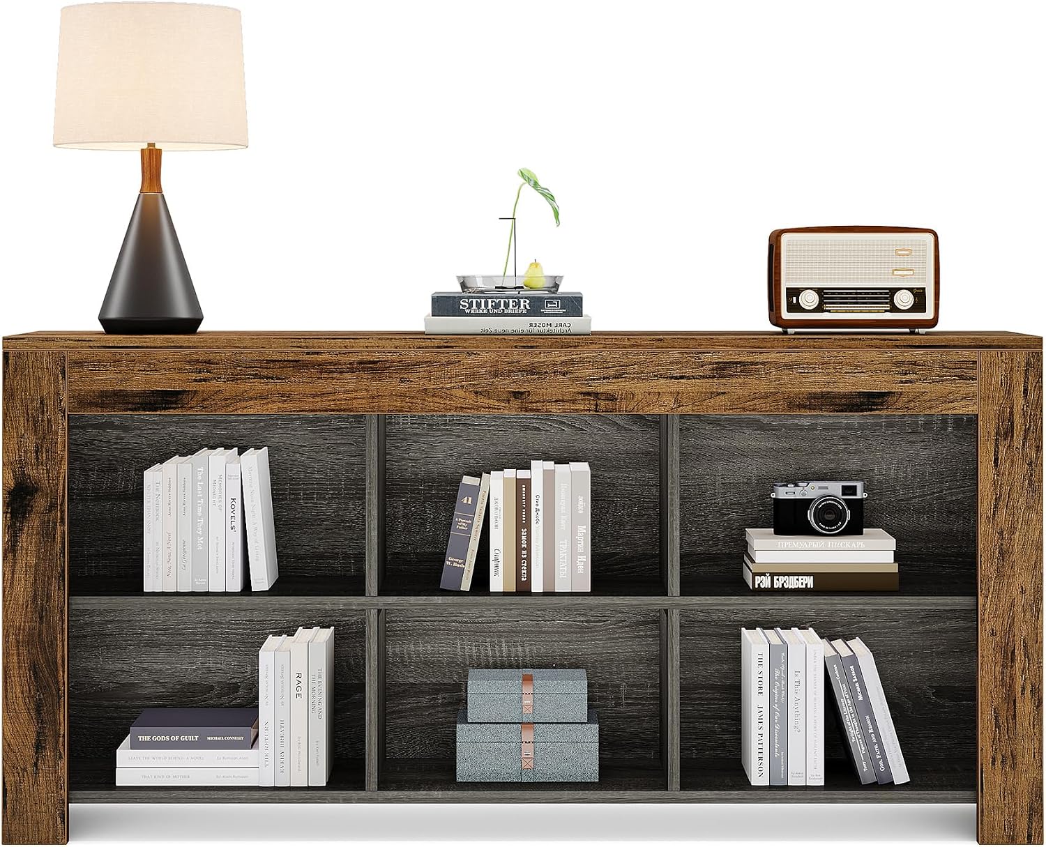 Tribesigns 63-Inch Long Console Table, Rustic Wood Entryway Table with 6 Storage Cubes, Industrial Narrow Sofa Table Behind Couch Table for Living Room, Hallway