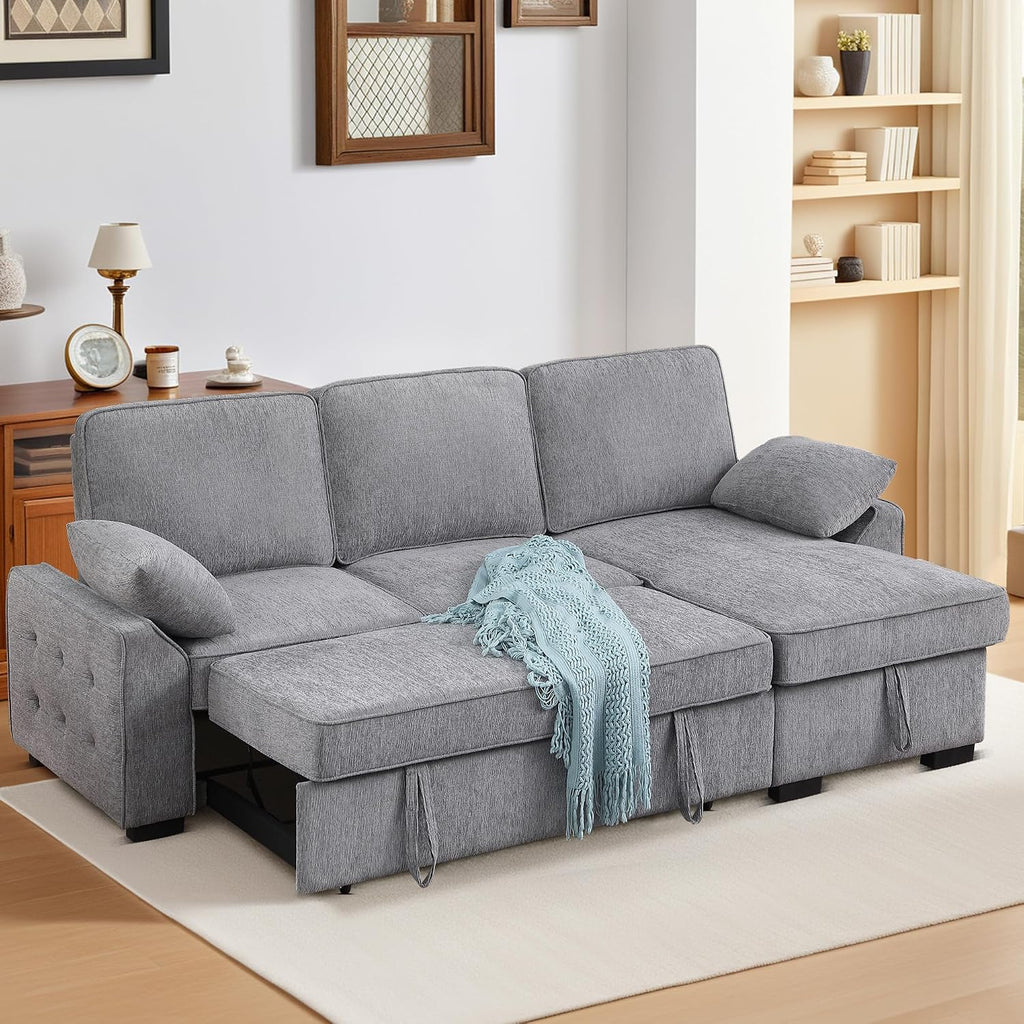 ERYE L-Shaped Pull Out Sleeper Couch Bed, Modern Chenille Upholstered Button Tufted Corner Couch Reversible Sectional Sleeper Sofa Bed W/Storage Chaise, Cup Holders
