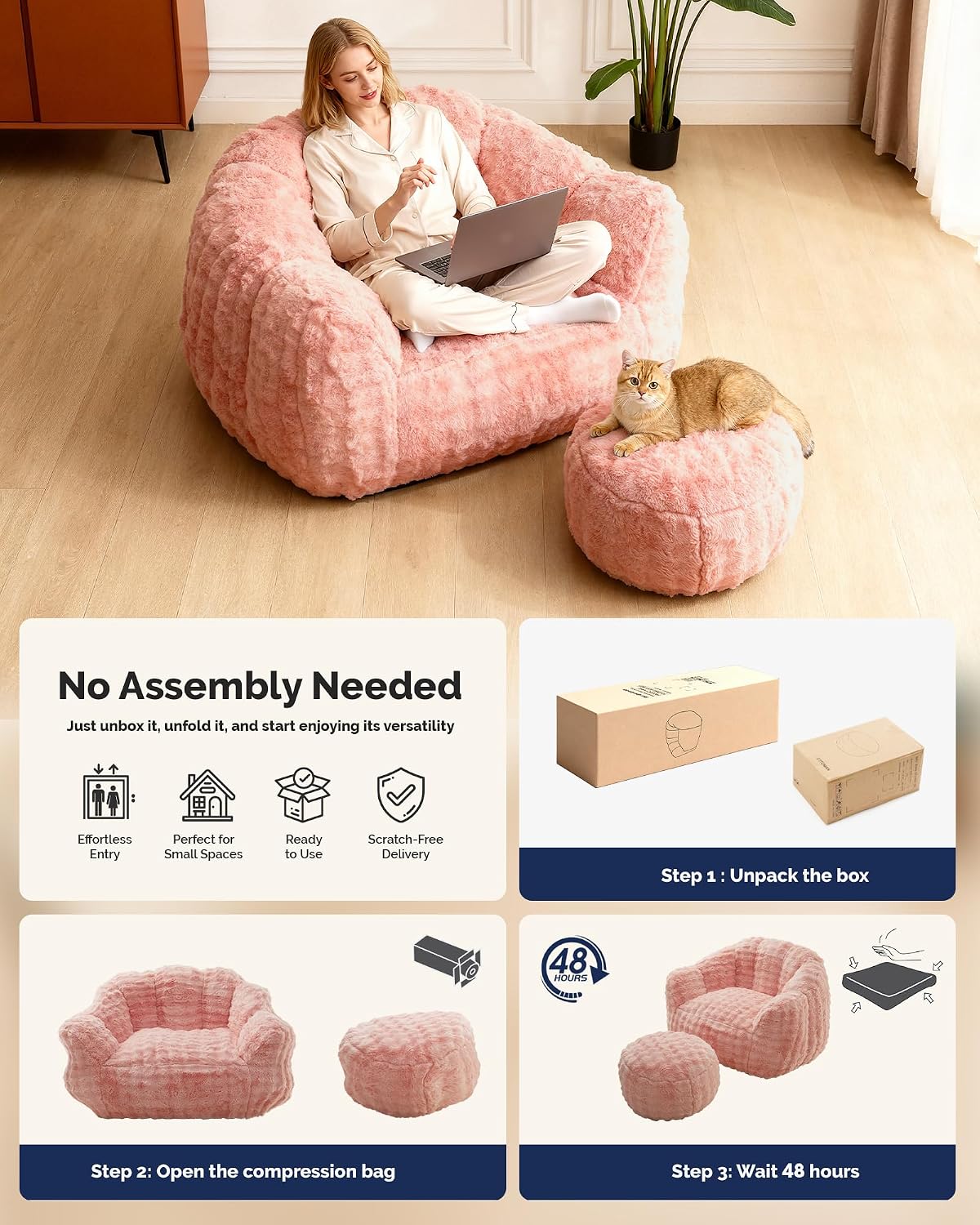 KINGYES Giant Bean Bag Chair with Ottoman, 3 in 1 Bean Bag Couch with Memory Foam Filler,Gaming Chair for Adults, Bean Bag for Kids & Teen, Pink