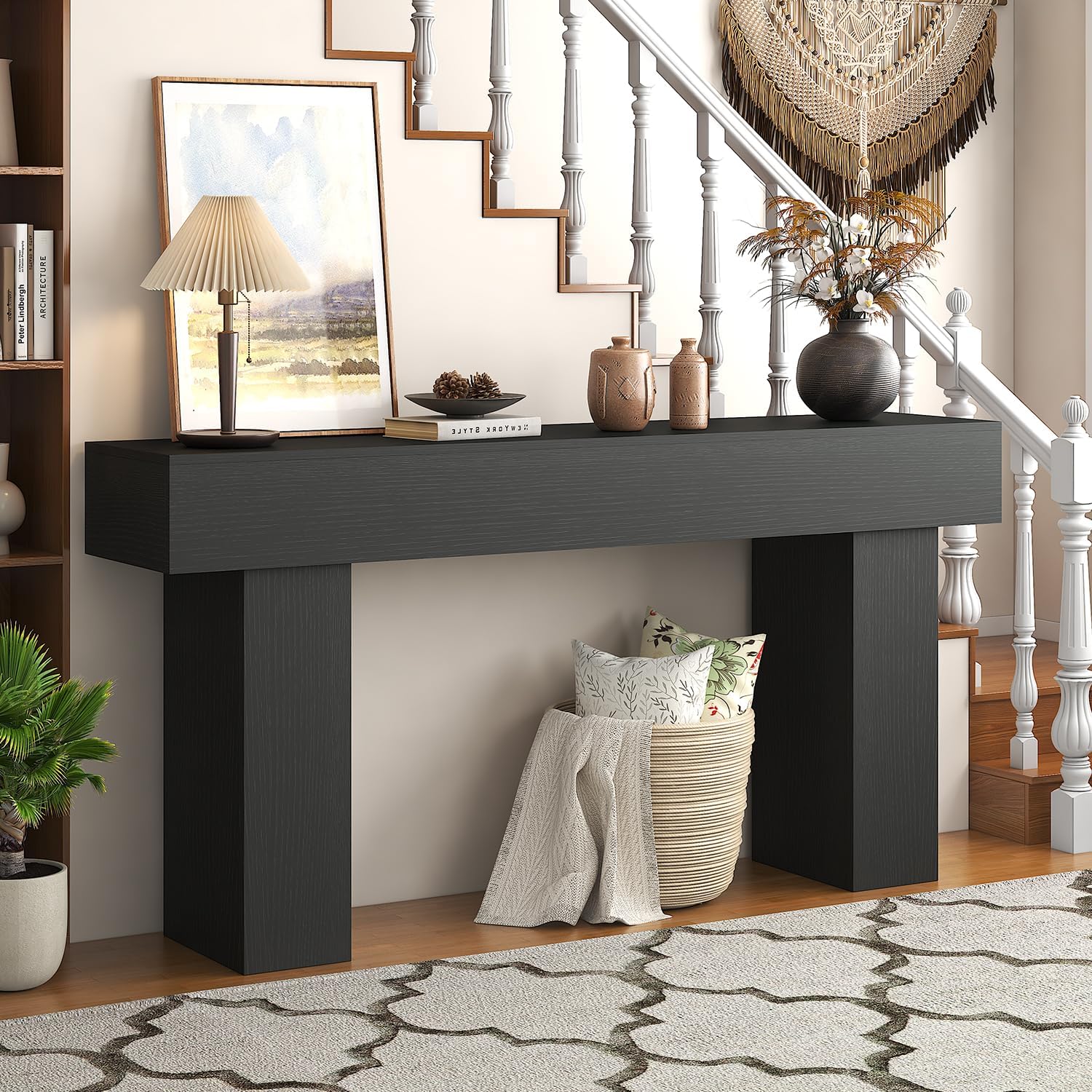 63 Inch Long Console Table for Entryway, Farmhouse Wood Rectangular Sofa Table Behind Couch Table, Narrow Entryway Table for Living Room, Entrance, Hallway, Foyer, Easy Assembly (Charcoal Black)