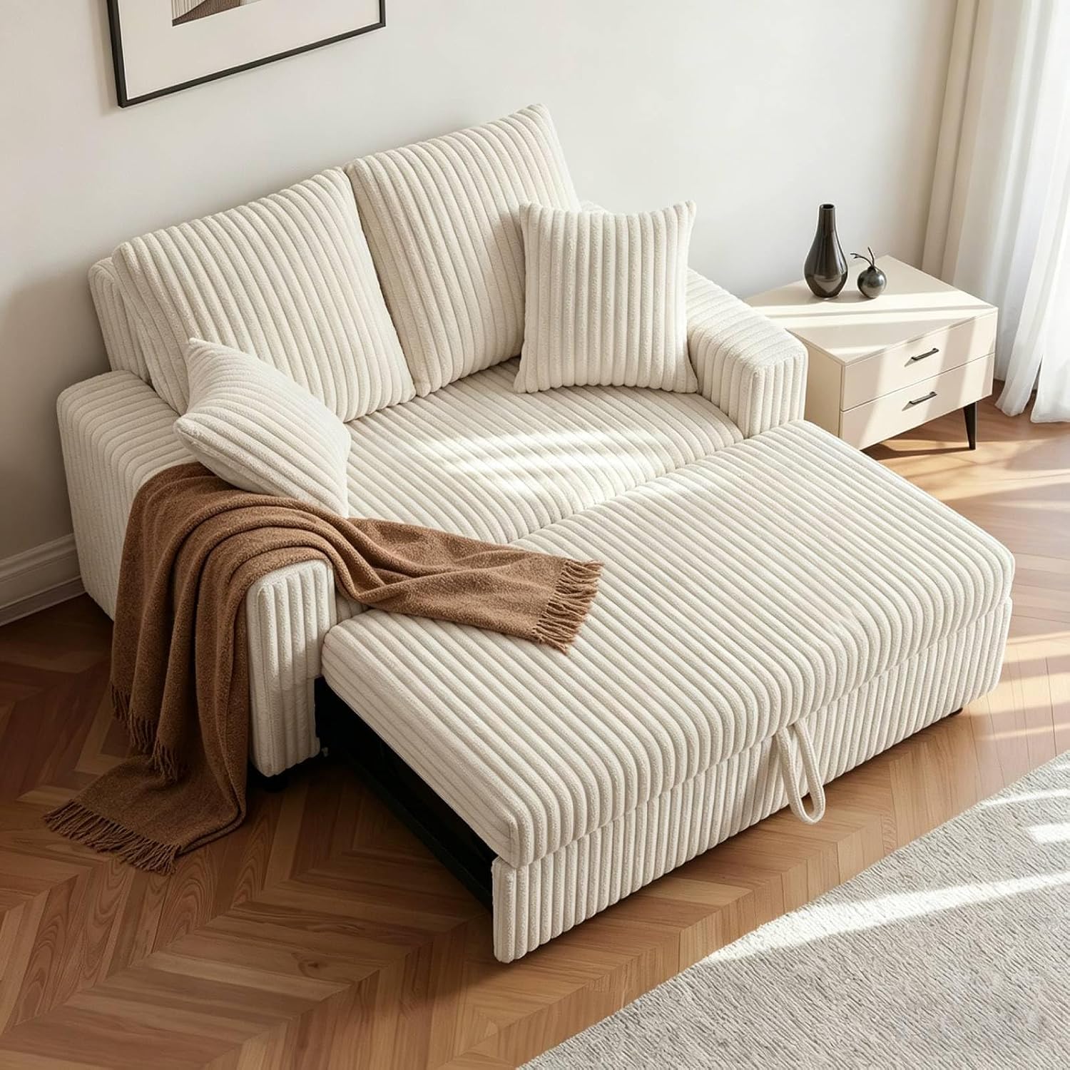 3 in 1 Convertible Sofa Bed，52.8' Pull Out Couch with Side Pockets，Modern Corduroy Fabric Loveseat Sleeper Sofa with Adjustable Backrest for Living Room Bedroom Apartment (Beige Corduroy)