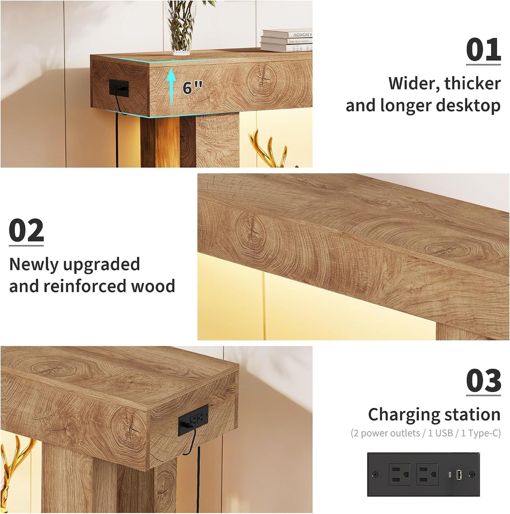 63' Long Console Table with Power Outlet LED Lights, Modern Entryway Table with Human Sensor Light, Large Industrial Hallway Accent Furniture for Living Room, Entryway, Hallway