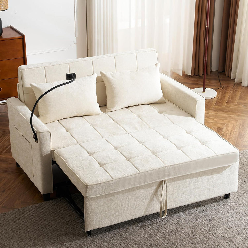 3 in 1 Convertible Sleeper Sofa Bed, 56.9' Small Pull Out Couch Bed with Adjustable Backrest, Chenille Loveseat Couches with Side Pocket, USB Ports&Phone Holder for Small Places (Beige)