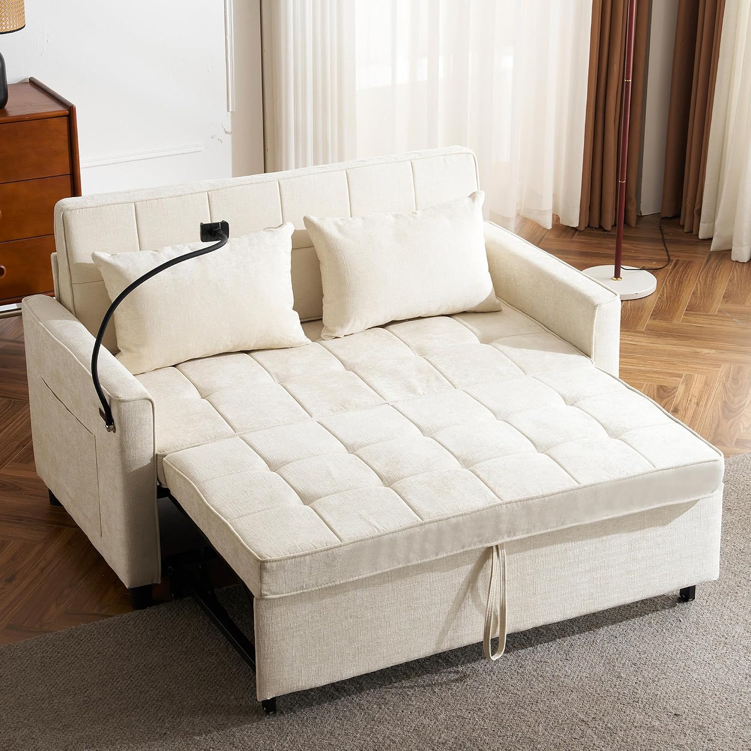 3 in 1 Convertible Sleeper Sofa Bed, 56.9' Small Pull Out Couch Bed with Adjustable Backrest, Chenille Loveseat Couches with Side Pocket, USB Ports&Phone Holder for Small Places (Beige)