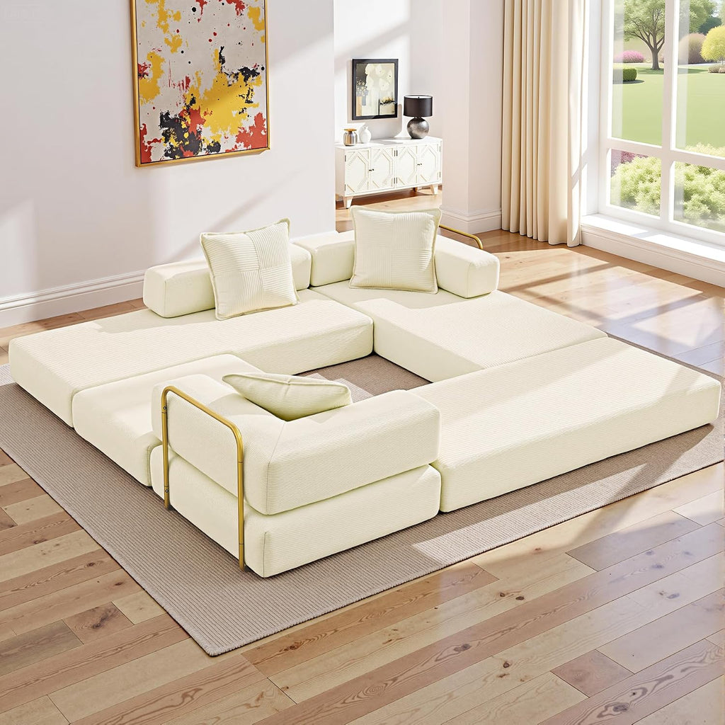 ivoros 108' Oversized Convertible Sleeper Sofa Bed, Corduroy L Shape Sectional Couch, Folding Sofa Bed with Fixed-Shape Frame, Modern Cloud Floor Mattress Couch, Modular Sofa for Living Room, Beige