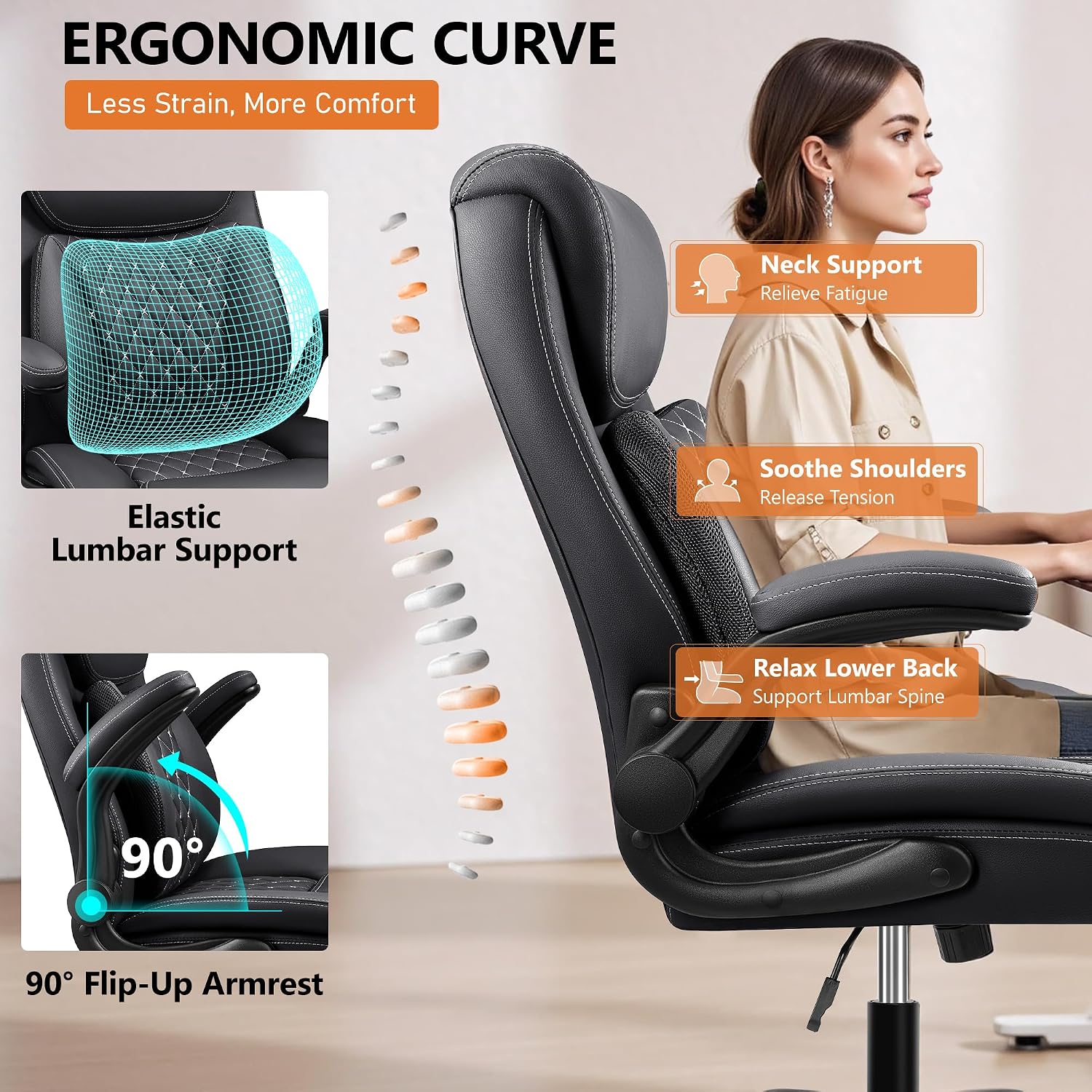 BESTFAIR Office Chair, Ergonomic Computer Desk Chairs with Lumbar Support for Lower Back Pain Relief, Executive Leather Home Chair Comfy with Padded Flip-up Armrests, Black
