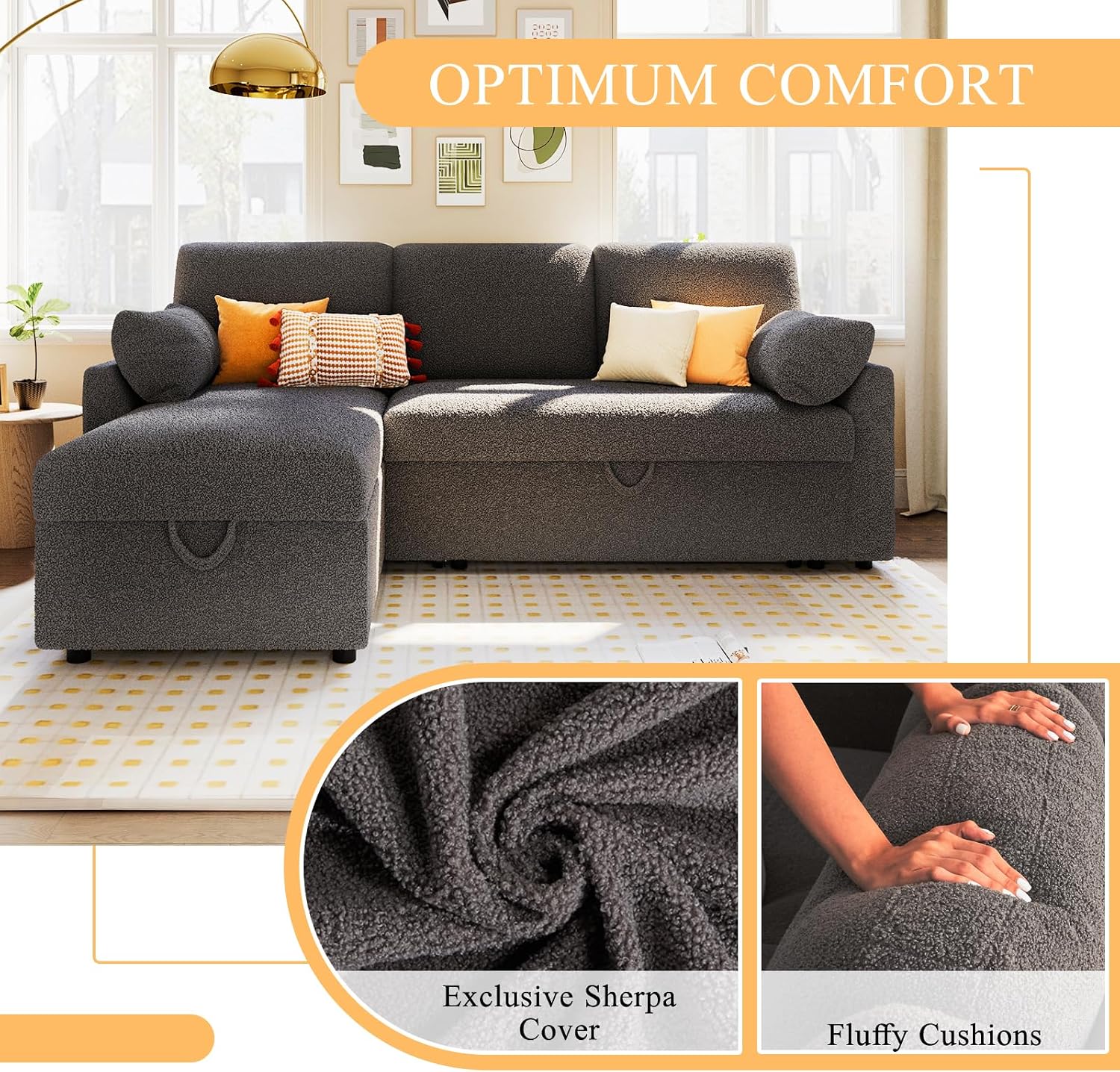 VanAcc Sofa Bed, Sleeper Sofa with Storage Chaise- 2 in 1 Pull Out Couch Living Room, Comfy Sleeper Couch, Grey Boucle