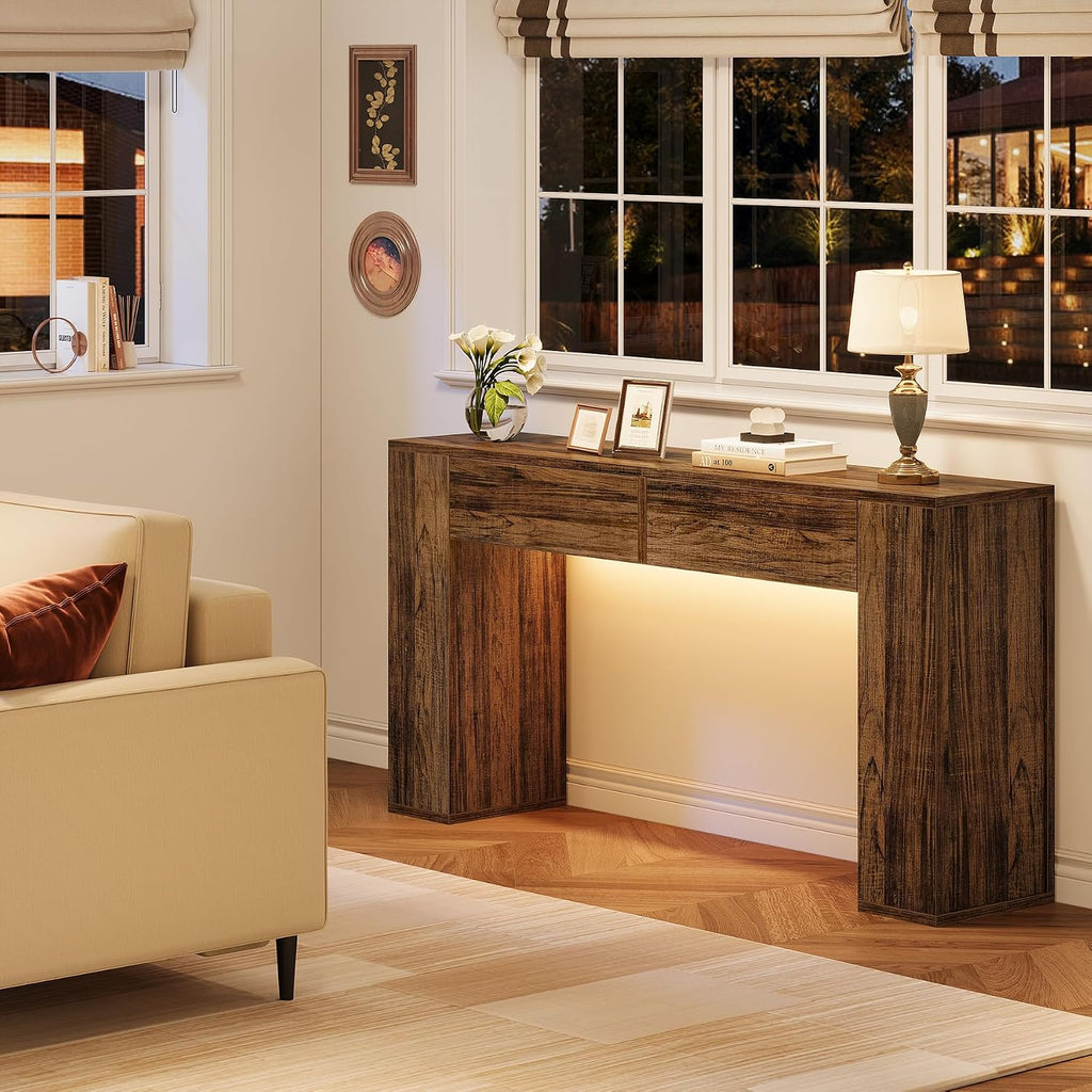 Farmhouse Console Table with LED Light and 2 Drawers, 55 inch Long Sofa Table Behind Couch, Narrow Entry Table for Entryway, Hallway, Entrance, Living Room (Rustic Brown)