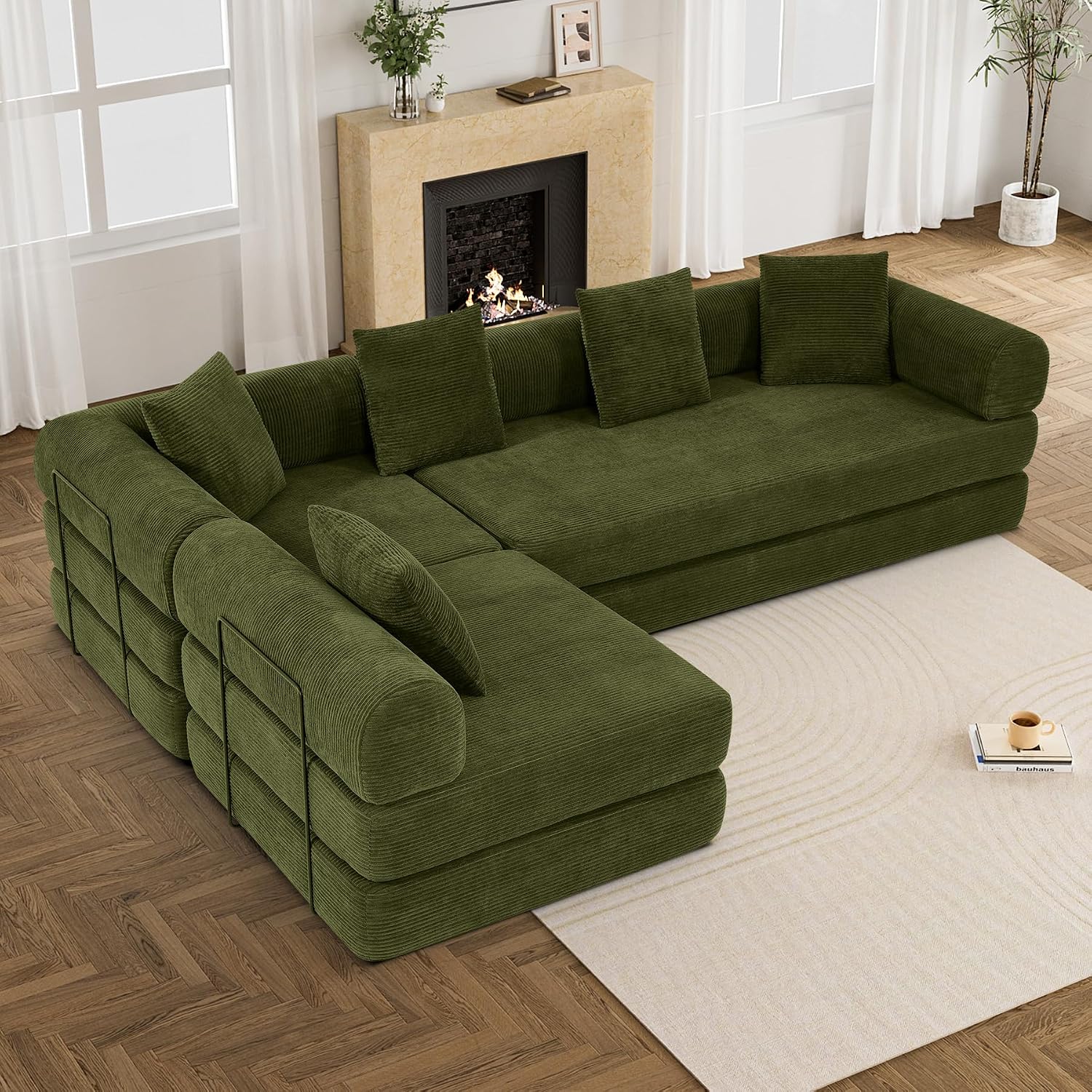 DAMAIFROM Convertible Sleeper Sofa Bed with Cylindrical Pillow,Corduroy Folding Mattress Couch with Fixed-Shape Frame,Modular Floor Sofa Lounge Couch for Living Room Bedroom Lounge,158.6',Olive Green