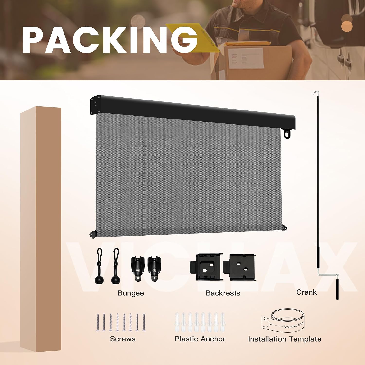 VICLLAX Premium Outdoor Roller Shade, 220GSM 95% Patio Cordless Blinds with Aluminum Valance (8' W X 8' L), Anthracite