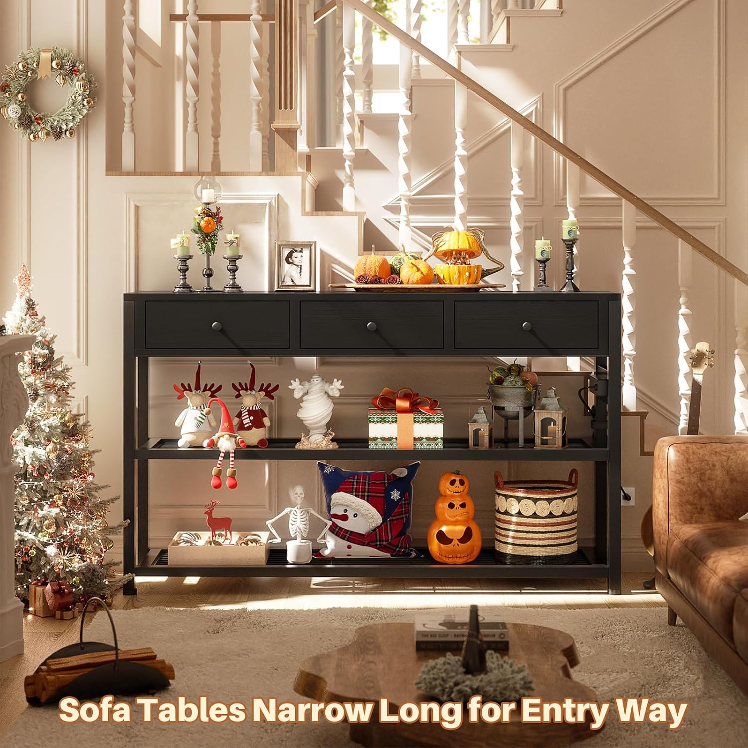 Ecopriso 47'' Entryway Table with Outlets and USB Ports, Console Table with 3 Drawers, Sofa Table Narrow Long with Storage Shelves for Living Room, Couch, Hallway, Foyer, Kitchen Counter, Black