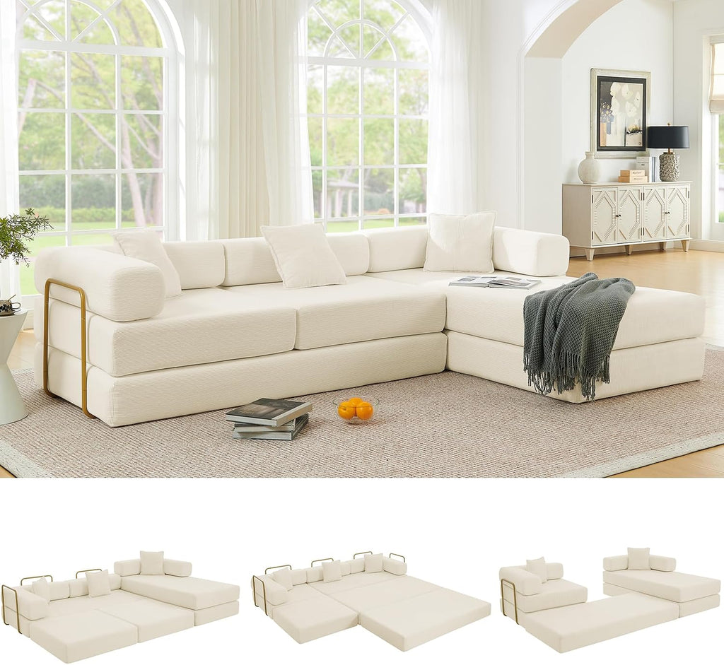 ivoros 108' Oversized Convertible Sleeper Sofa Bed, Corduroy L Shape Sectional Couch, Folding Sofa Bed with Fixed-Shape Frame, Modern Cloud Floor Mattress Couch, Modular Sofa for Living Room, Beige