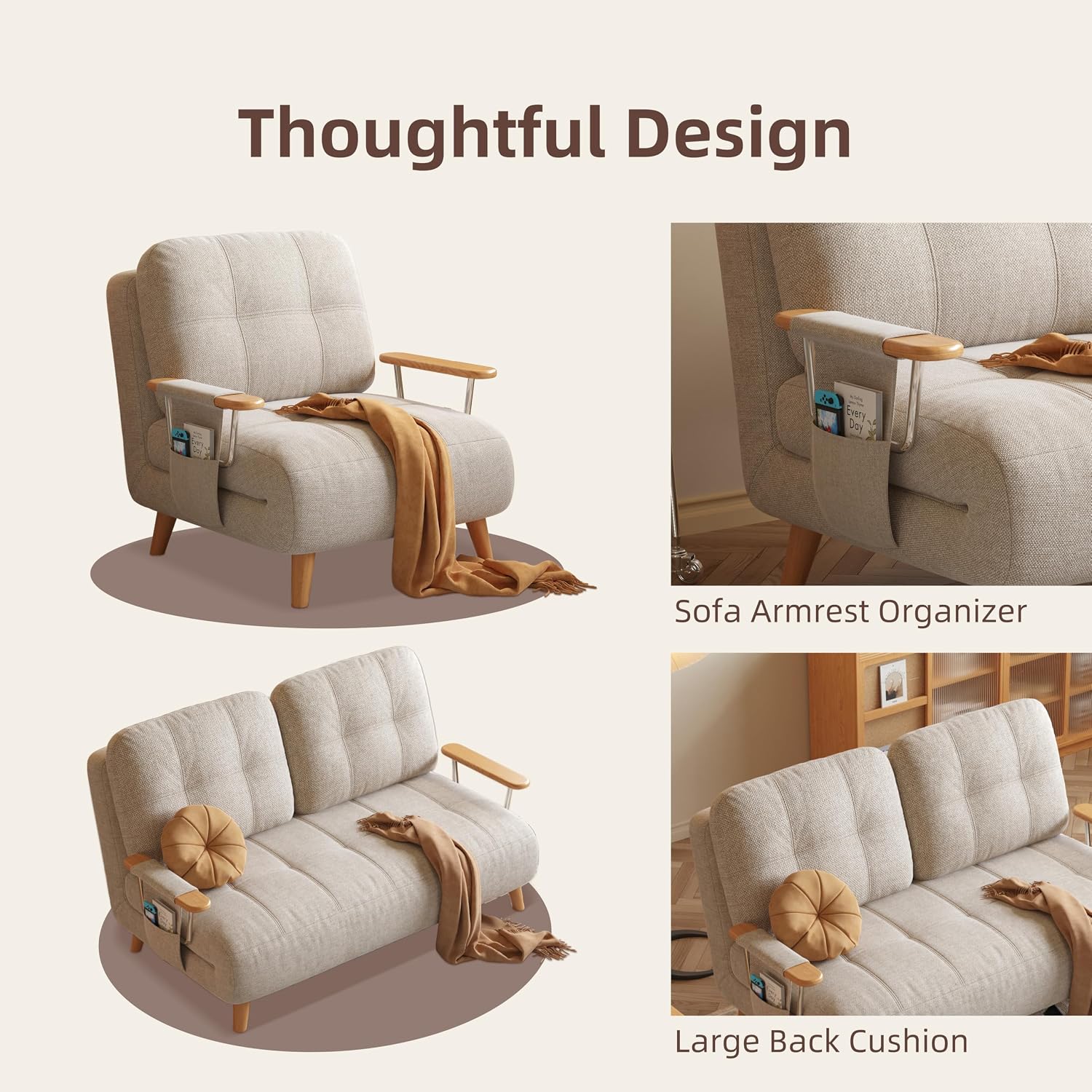 Convertible Lounger Fold-Out Sofa Bed, 3-in-1 Sleeper Sofa，Adjustable Backrest, Modern-Style Sofa for Small Spaces, Bedrooms & Offices(Beige,28.35)