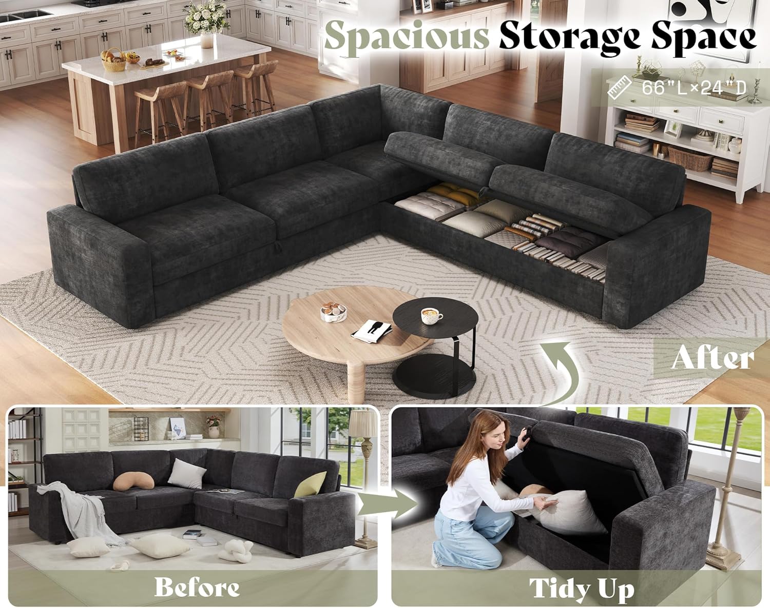 AMERLIFE 106' Oversized Sofa Bed, Sectional Sleeper Sofa with Pull Out Bed, 3 in 1 Convertible Sofa Bed, L Shaped Couch with Storage, High Resilience Mattress, Chenille Grey