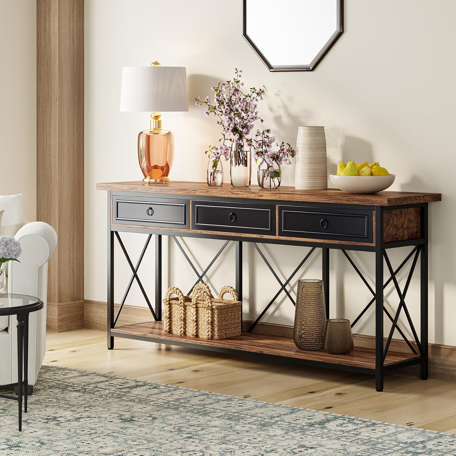 Tribesigns 70.8' Console Table with 3 Drawers, Farmhouse Entryway Table with Storage Shelf, Narrow Long Sofa Foyer Table for Entryway, Hallway (Brown/Black)