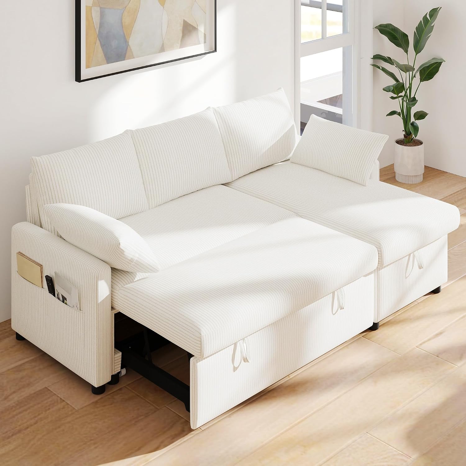 Real Relax 80'' Sofa Bed, L Shaped Corduroy Sleeper Sofa Couch with Pull Out Bed and Chaise Storage for Living Room, Apartment and Office, Beige