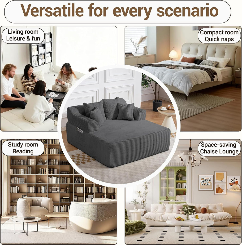 58' Oversized Boneless Chair, Corduroy Lounge Chaise Chair Indoor Sleeper Sofa Bed with Arms and 4 Pillows, No Assembly for Bedroom Living Room, Grey