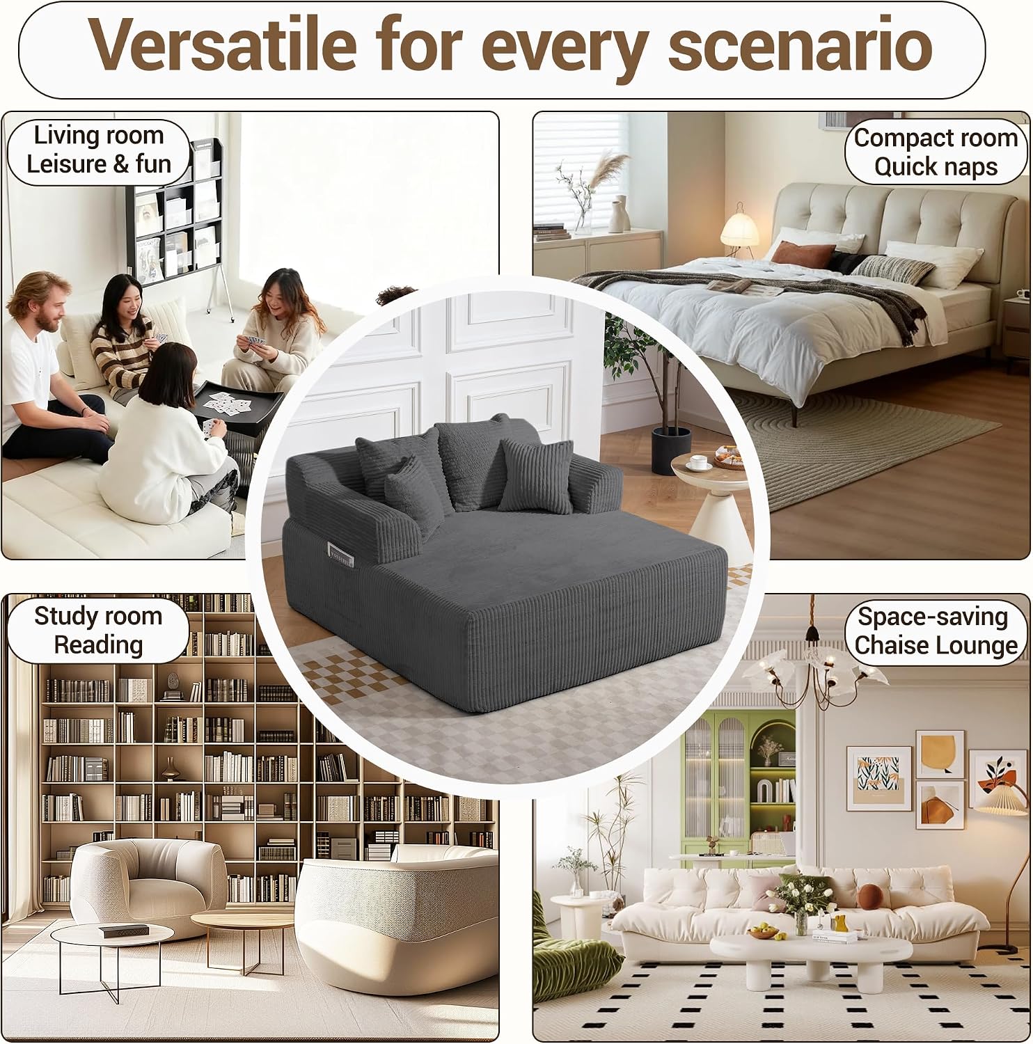 58' Oversized Boneless Chair, Corduroy Lounge Chaise Chair Indoor Sleeper Sofa Bed with Arms and 4 Pillows, No Assembly for Bedroom Living Room, Grey