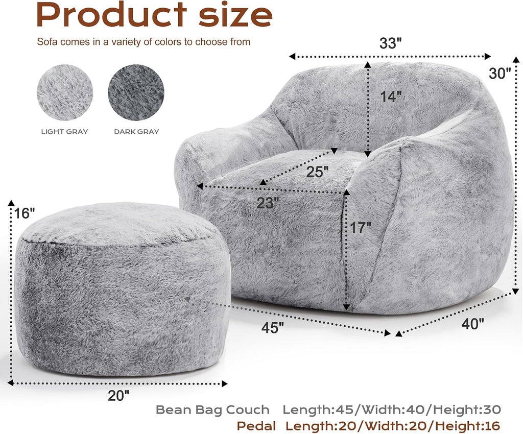 Giant Bean Bag Chair for Adults, Large Memory Foam BeanBag Chairs, Oversized Bean Bag Sofa with Filler, Faux Fur Big Reading Chair Comfy Floor Sofa Chair (Light Grey, Single with Ottoman)