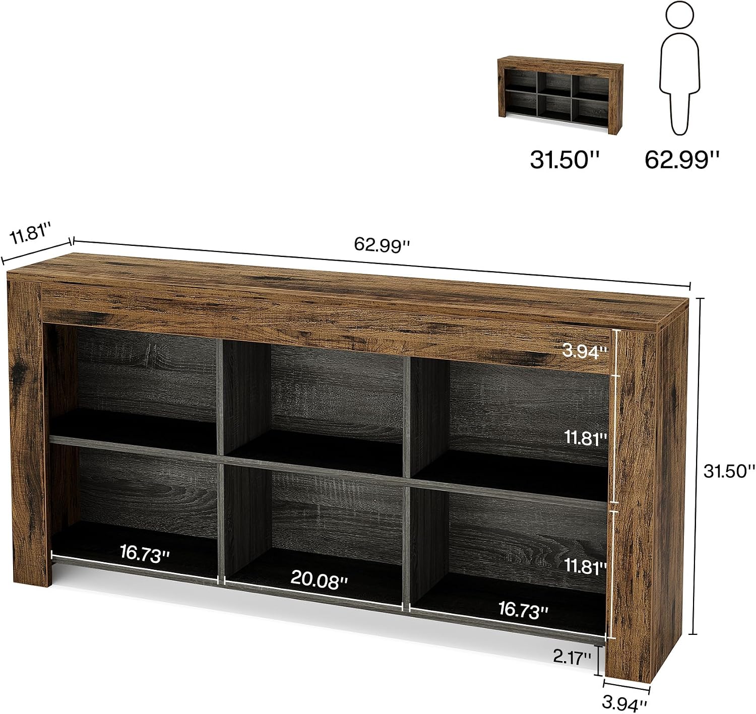 Tribesigns 63-Inch Long Console Table, Rustic Wood Entryway Table with 6 Storage Cubes, Industrial Narrow Sofa Table Behind Couch Table for Living Room, Hallway