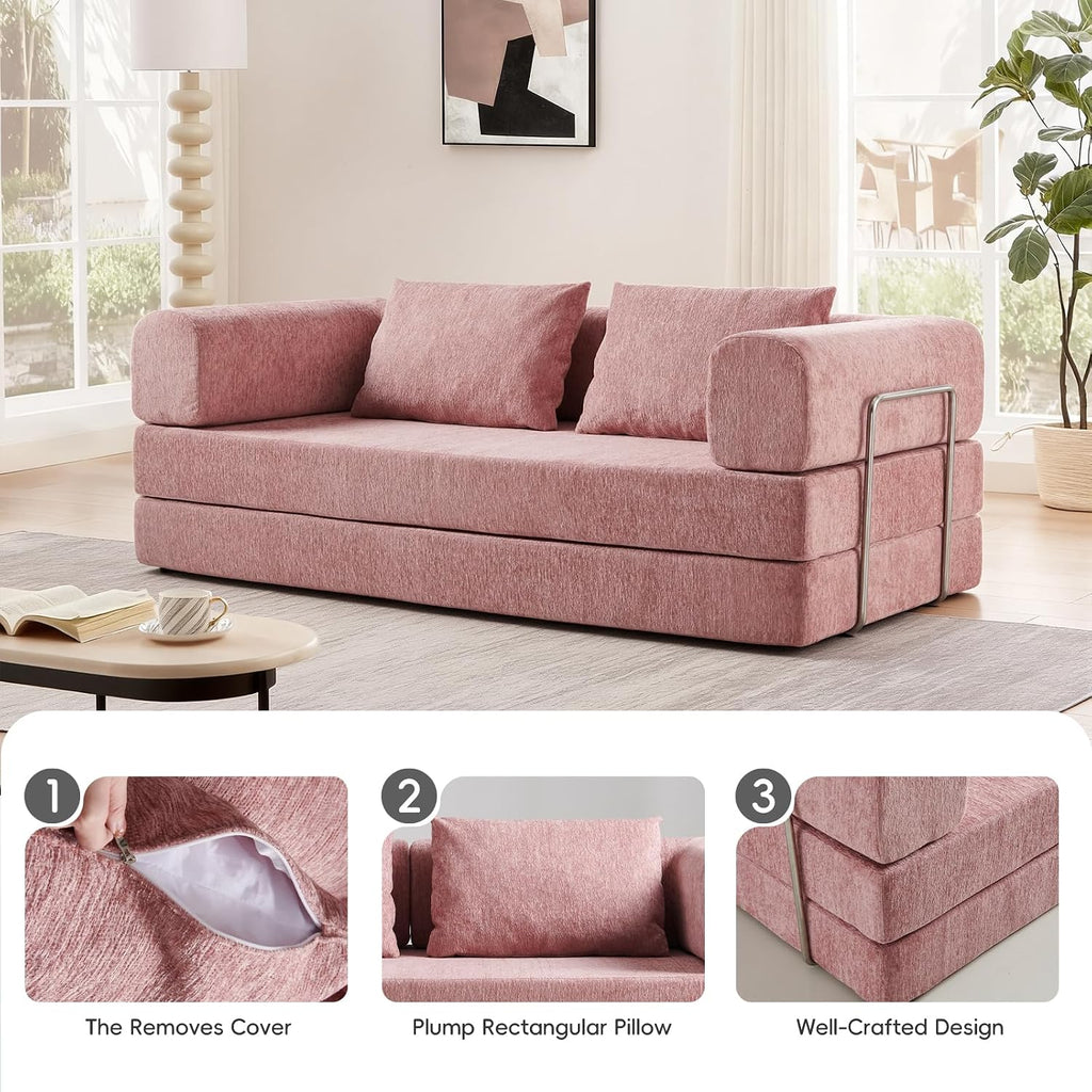 5-in-1 Convertible Folding Sofa Bed, 79' Queen Chenille Boneless Couch with Removable Armrests, No Assembly Loveseat Sleeper Sofa, Modular Futon Couch for Living Room & Bedroom (Pink)