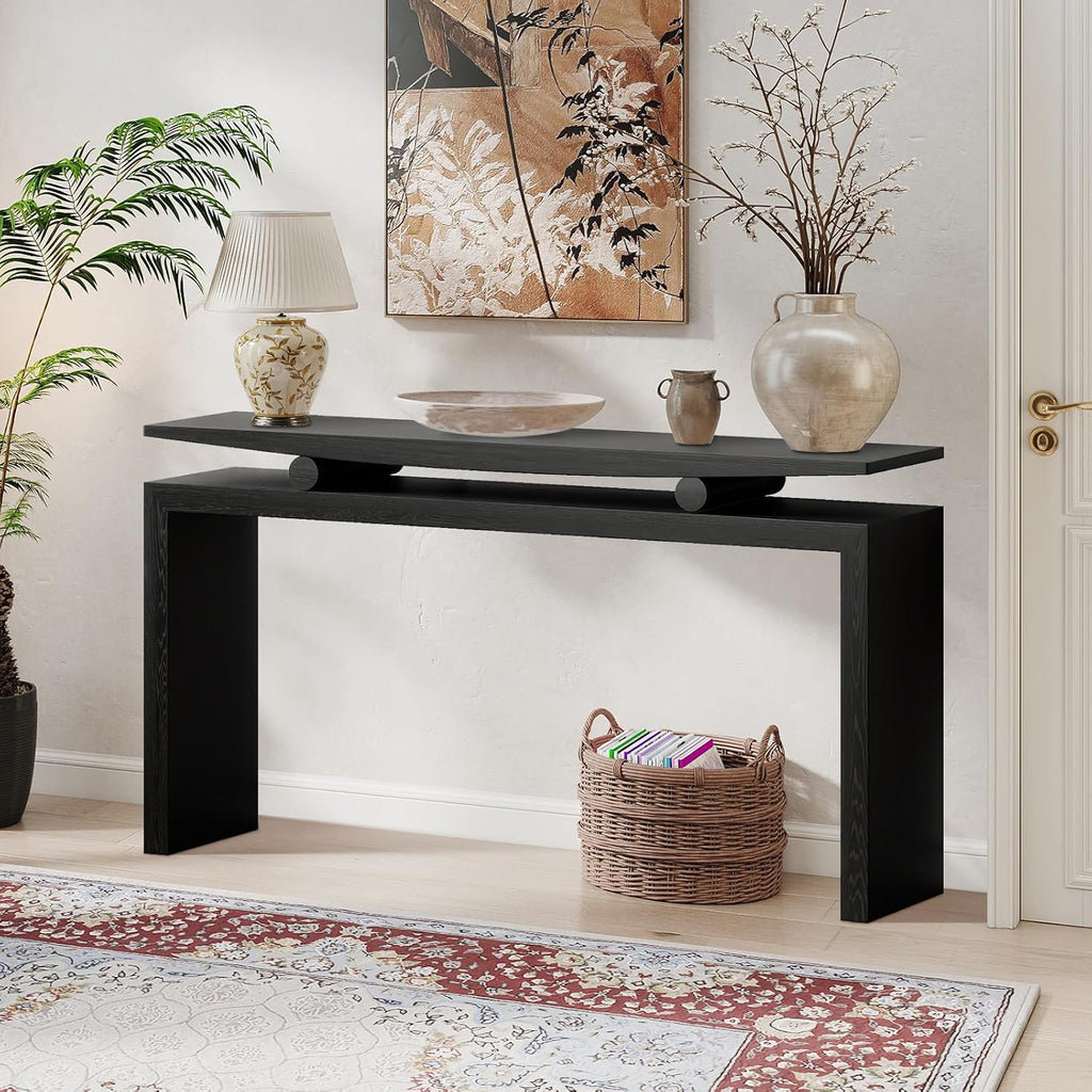 LKTART Modern Black Console Table Solid Wood Sofa Table Behind Couch Hallway Table for Entryway Large Farmhouse Foyer Tables for Living Room Entrance