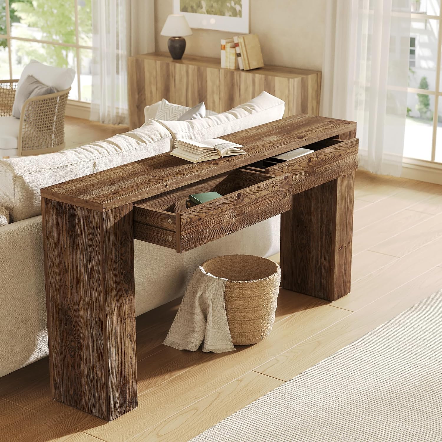 LITTLE TREE Sofa Table with 2 Drawers, 63 Inches Extra Long Console Table, Solid Wood Sofa Table Behind Couch, Large Entryway Hallway Foyer Tables for Living Room, Entrance, Rustic Brown