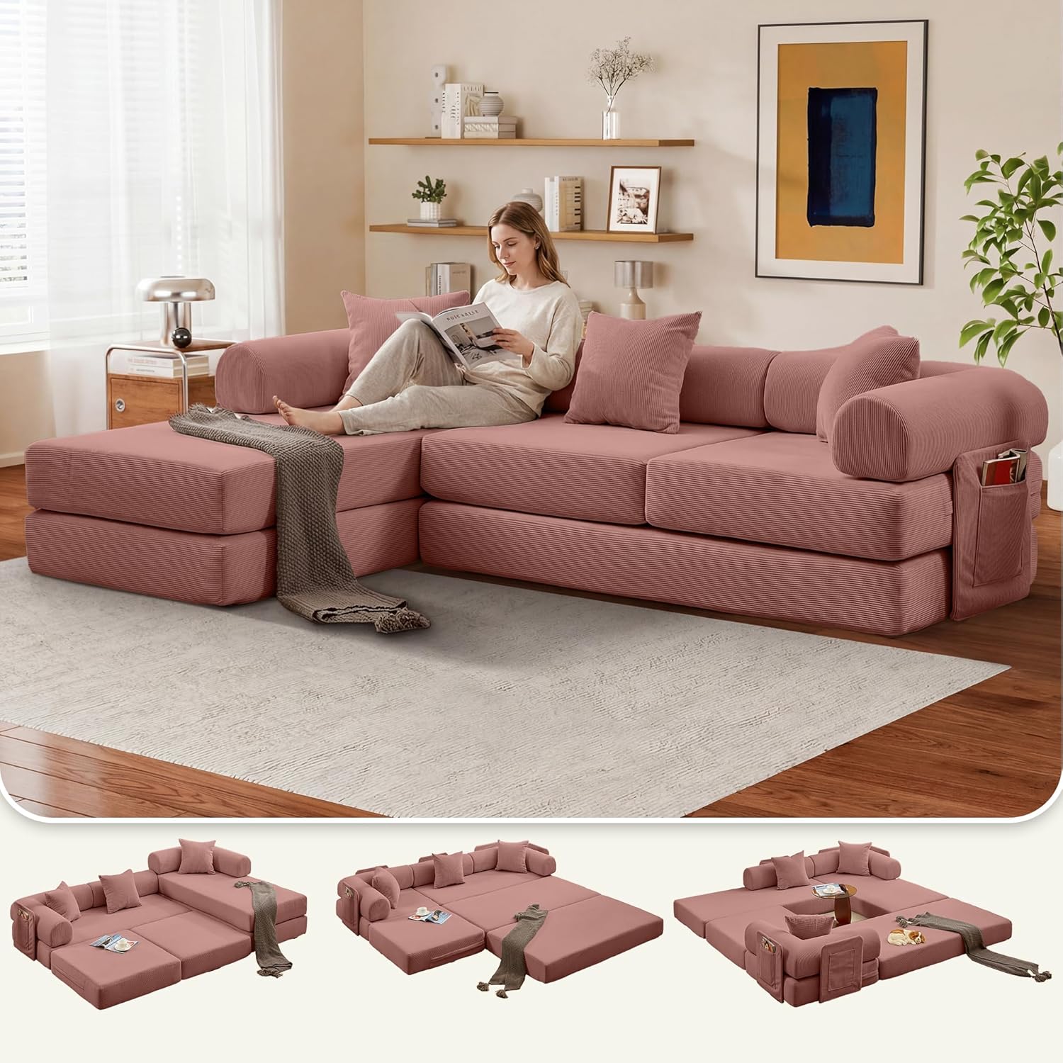 Modular L Shaped Sofa Bed with Cylindrical Pillow & Reversible Chaise, Corduroy Convertible Floor Boneless Sofa Couch Bed with Fixed-Shape Frame & Storage Pocket for Living Room, Pink
