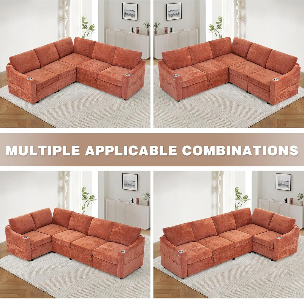 84' L-Shape Sectional Sofa Bed w/Adjustable Backrests, Chenille L-Shape Upholstered Pull Out Sofa Bed w/USB Ports, Convertible Corner Sleeper Couch w/Storage Space for Living Room, Orange
