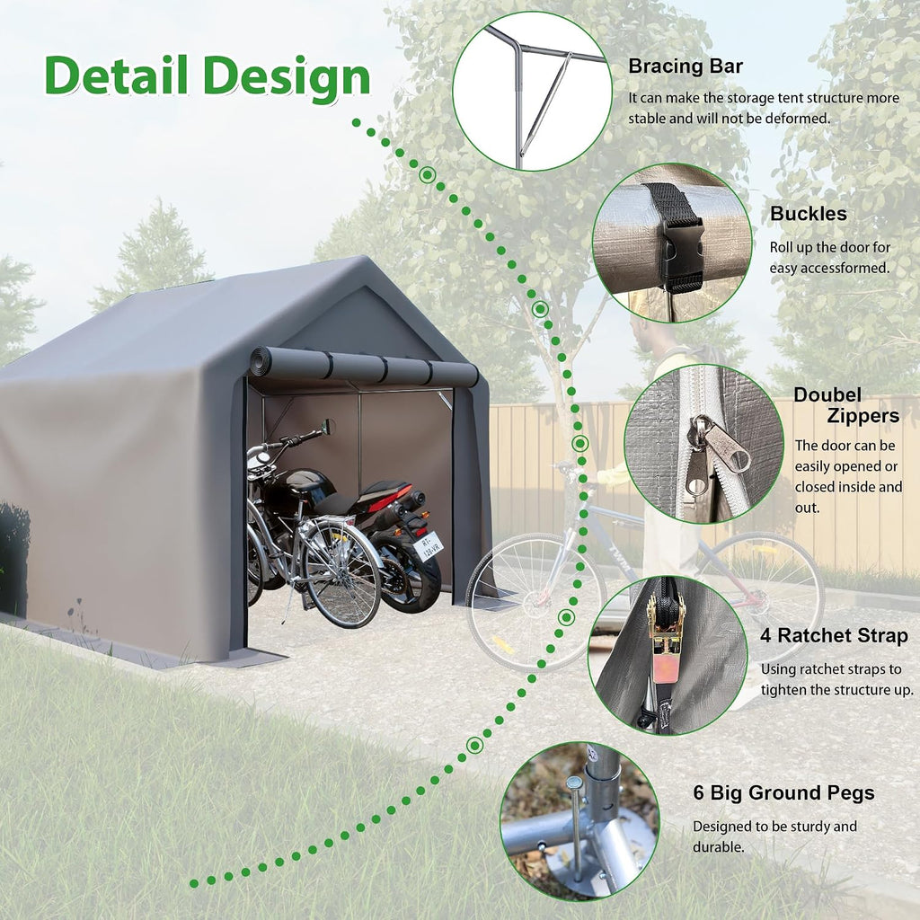 8x8 ft Storage Tent with Roll up Doors, Outdoor Portable Shelter Shed Garage Tent Carport, Waterproof Snowproof for Lawn Mower, Bike, Motorcycleand, Gray