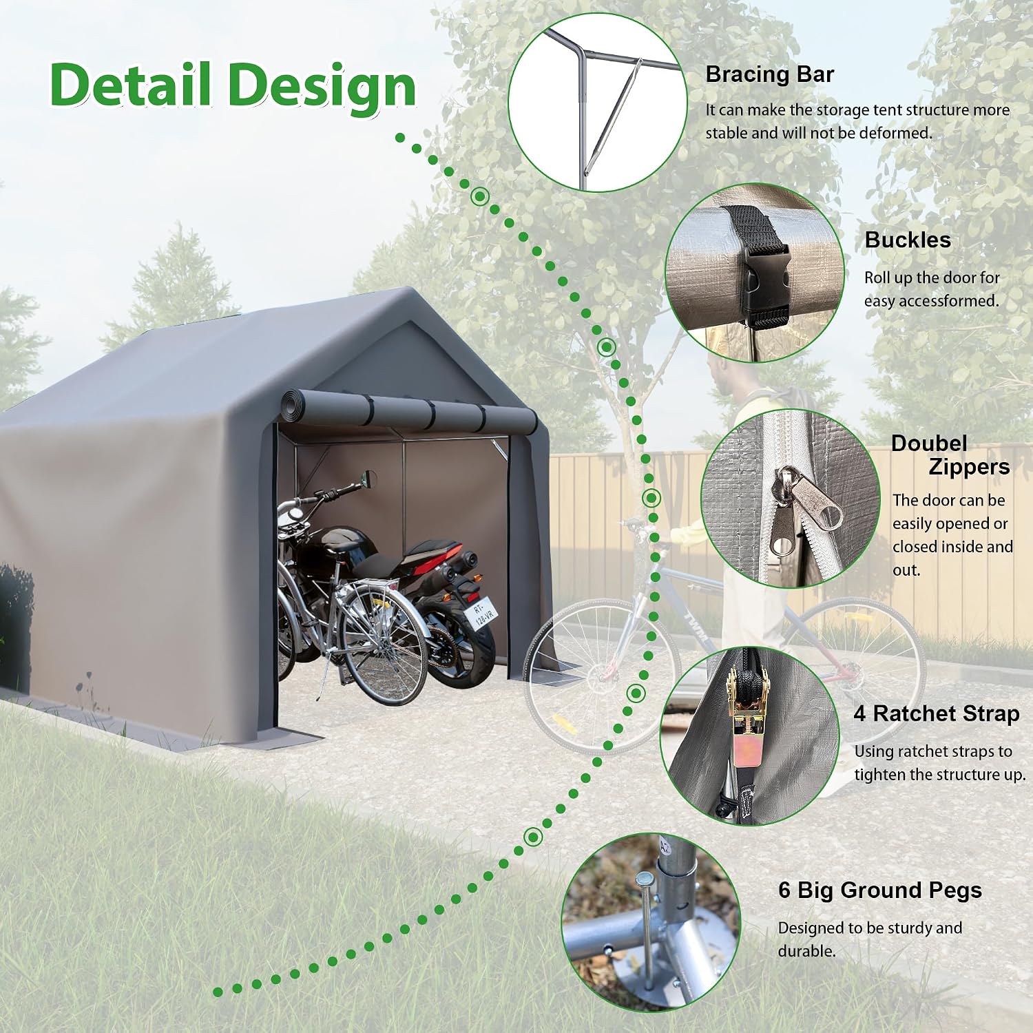8x8 ft Storage Tent with Roll up Doors, Outdoor Portable Shelter Shed Garage Tent Carport, Waterproof Snowproof for Lawn Mower, Bike, Motorcycleand, Gray