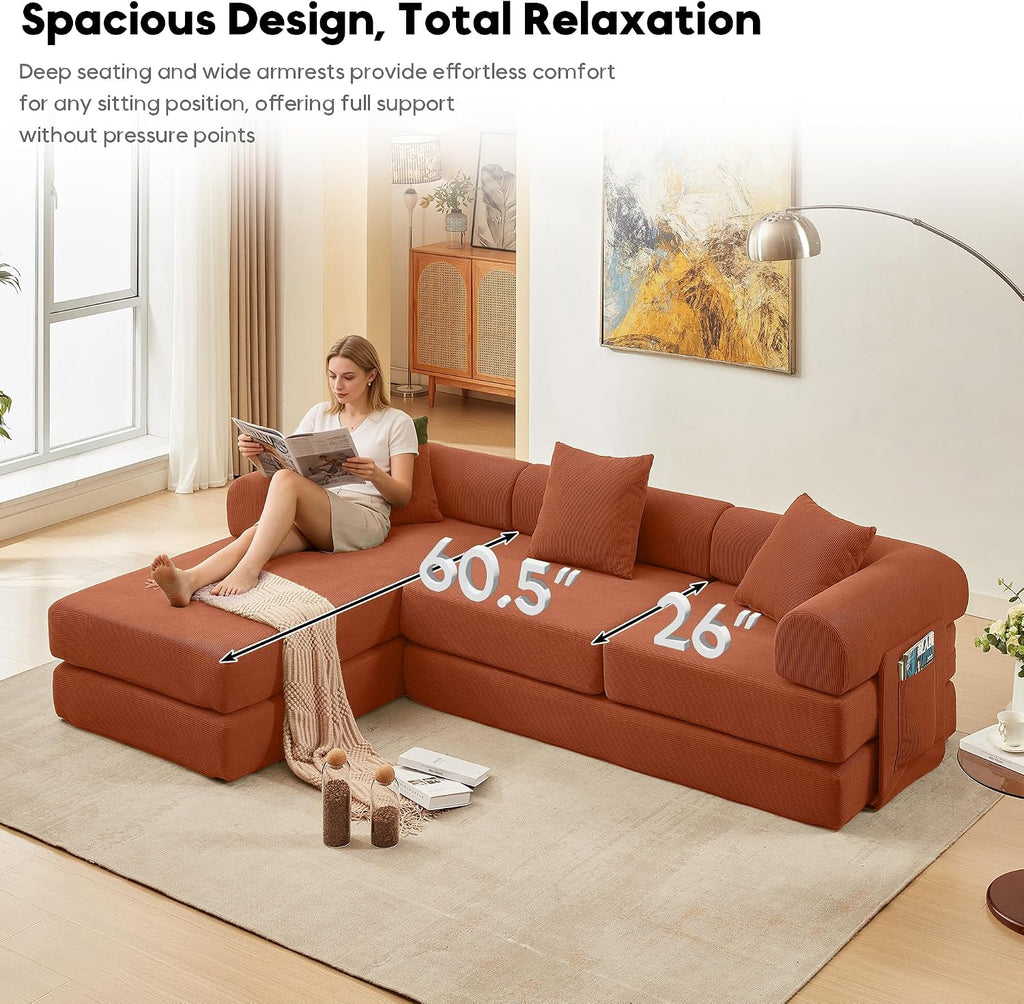 L Shaped Modular Sofa Bed with Cylindrical Pillow & Reversible Chaise, Corduroy Folding Floor Convertible Sofa Couch Bed with Fixed-Shape Frame & Storage Pocket for Living Room, Orange
