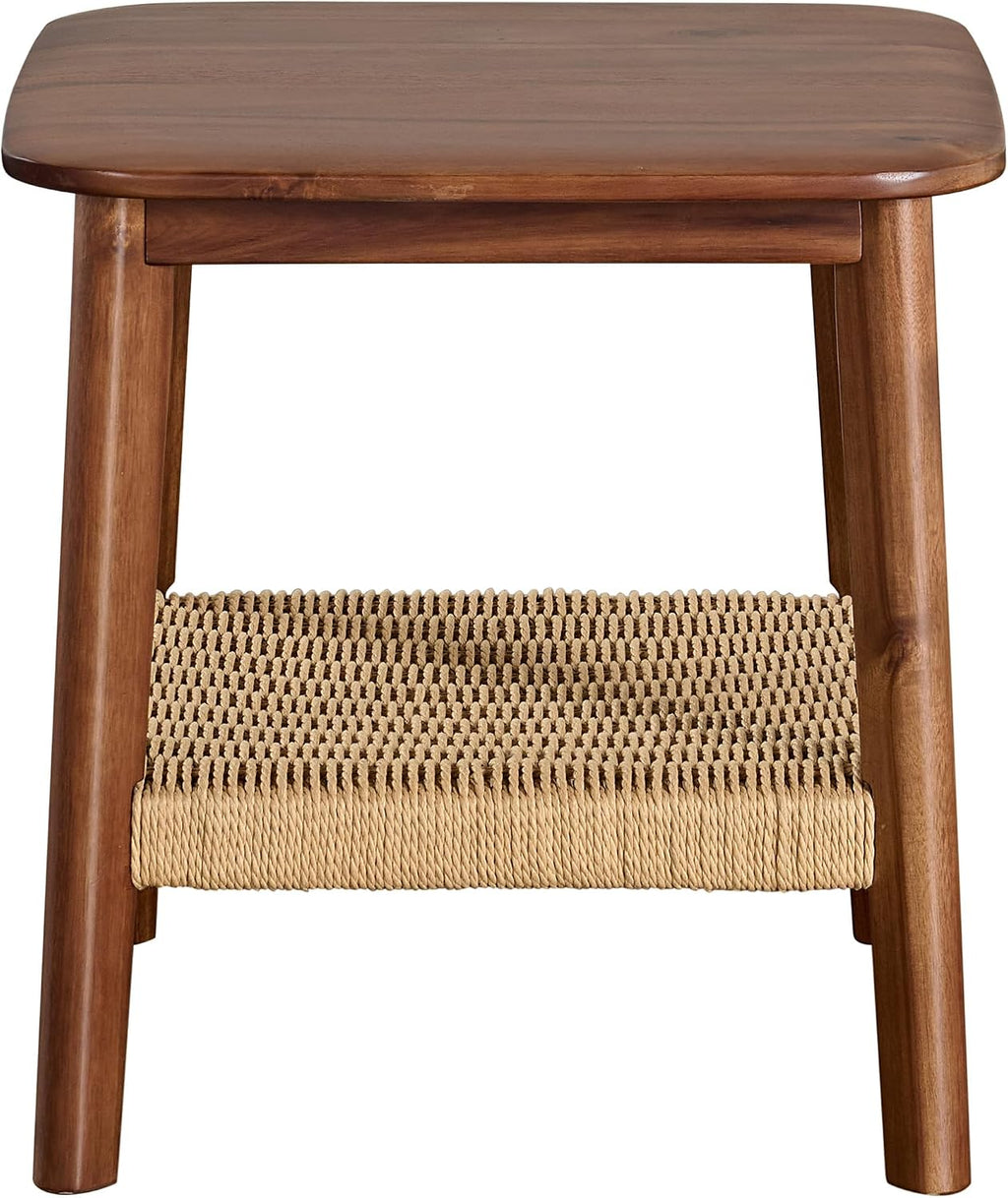 Alaterre Furniture Calais 2-Tier Solid Wood End Table with Woven Storage Shelf – Mid Century Modern Nightstand or Side Table for Living Room, or Bedroom (Chestnut)
