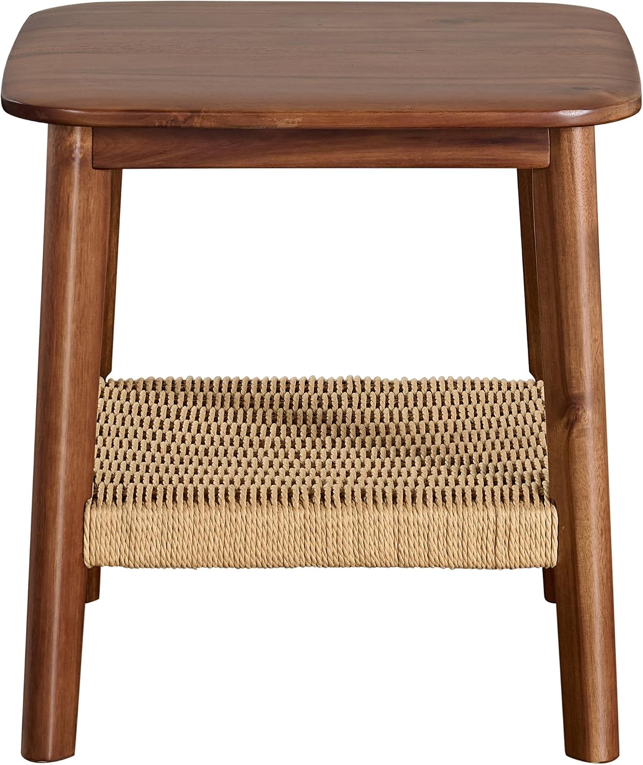 Alaterre Furniture Calais 2-Tier Solid Wood End Table with Woven Storage Shelf – Mid Century Modern Nightstand or Side Table for Living Room, or Bedroom (Chestnut)