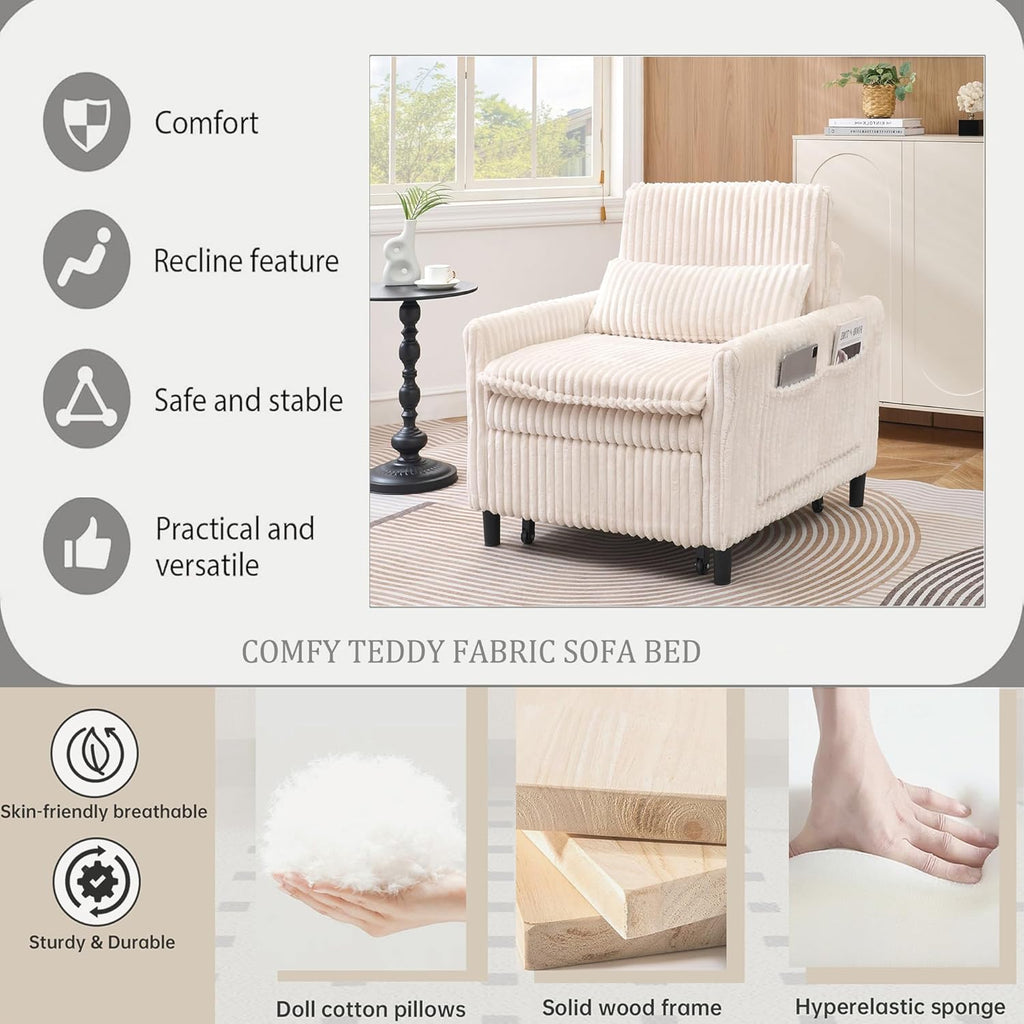 Majnesvon Modern Corduroy Fabric Sofa Bed Futon,3 in 1 Convertible Pullout Sleeper Couches with 3 Reclining Backrests,Small Sofa Chair Bed for Living Room Bedroom (White)