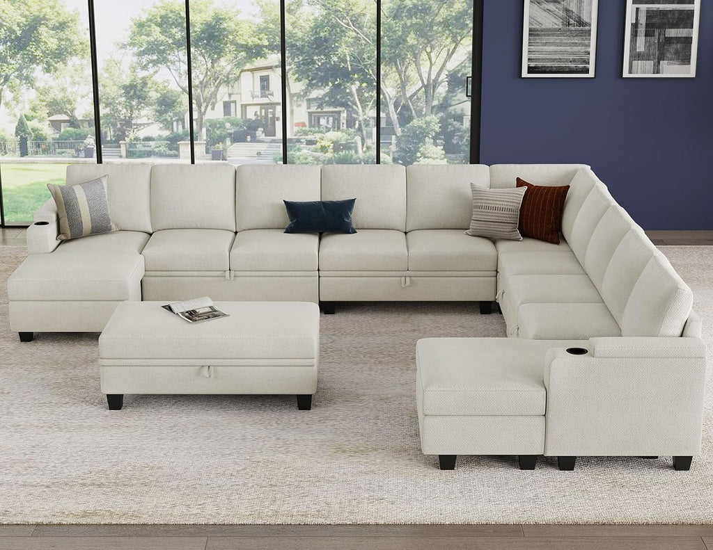Belffin Oversized U Shaped Modular Sectional Sleeper Sofa with Large Ottoman Convertible Double Chaise Corner Couch with Pull Out Bed. White Sofa