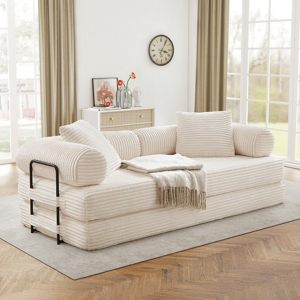 Antetek Modular Couch Bed, Convertible Folding Plush Corduroy Comfy Floor Compression Loveseat Sleeper Sofa Couch, King Size Bed for Guest Room Living Room Bedroom, No Assembly Required, Beige
