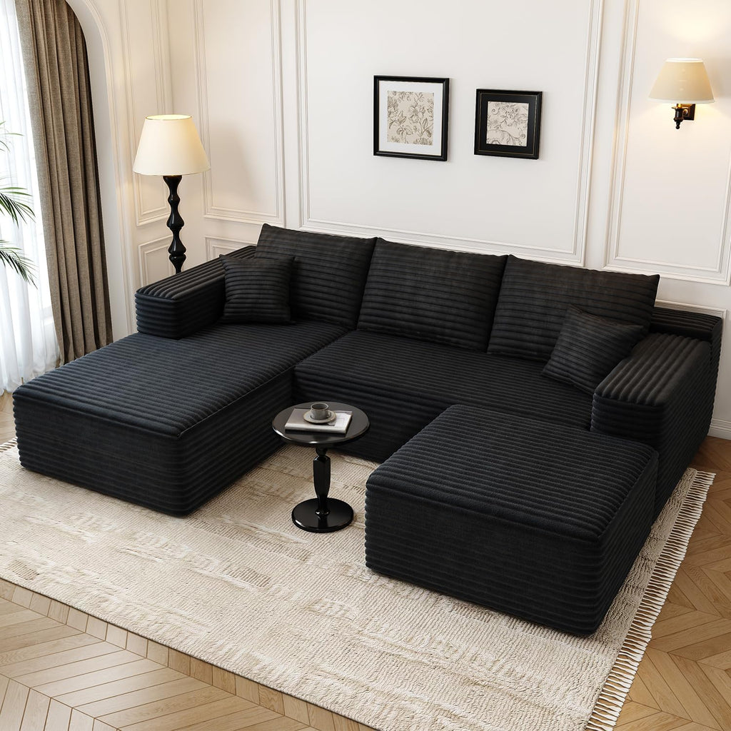 107.5' Cloud Modular Sectional Sofa with 1 Ottoman,Modern Minimalist Upholstered Couches, Comfort U Shaped Sofa for Living Room,Deep Seat Corner Couch，No Assembly Required (Black,Left Facing Chaise)