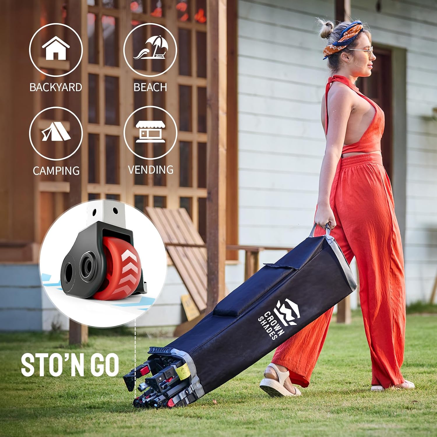 CROWN SHADES Pop Up Canopy with 1 Side Wall - Beach Tent with One Push Setup - Outdoor Sun Shade for Events, Parties, Camping - Gazebo with STO-N-Go Cover Bag, Red, 8x8FT