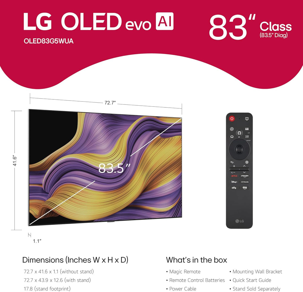 LG 83-Inch Class OLED evo AI 4K G5 Series Smart TV w/Dolby Atmos, Dolby Vision, HDR10, AI Super Upscaling 4K, Filmmaker Mode, Wow Orchestra, Alexa Built-in (OLED83G5WUA, 2025)