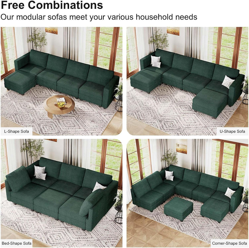 Belffin Corduroy Sectional Sleeper Sofa with Storage Ottoman, Modular Luxury Sectional Sofa with Chaise, Convertible Modern Sectional for Living Room, Green