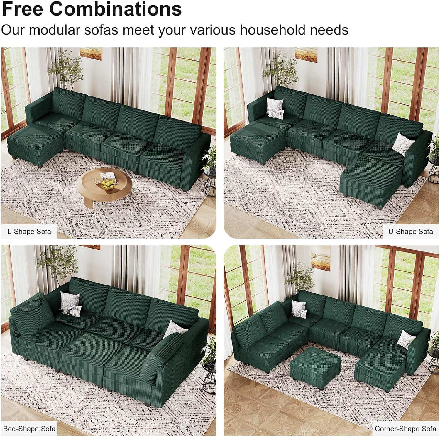 Belffin Corduroy Sectional Sleeper Sofa with Storage Ottoman, Modular Luxury Sectional Sofa with Chaise, Convertible Modern Sectional for Living Room, Green