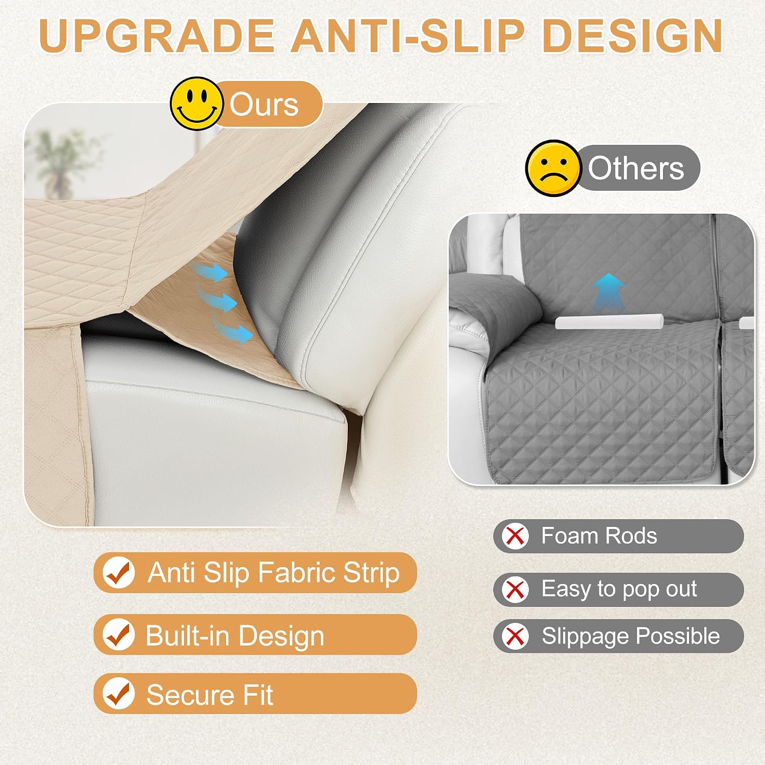 HDCAXKJ 100% Waterproof Reclining Sectional Couch Covers L Shape Recliner Sofa Cover Washable Quilted Soft Pet Corner Recliner Slipcovers with Pockets (XXL 5 Seat and 1 Middle Console, Light Beige)